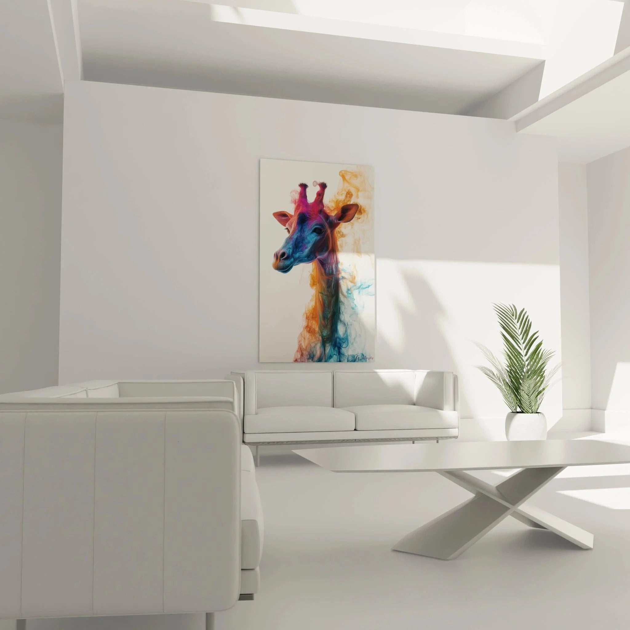 Detailansicht Giraffe Kunstdruck mit leuchtenden Aquarellfarben und abstrakten Rauchschwaden