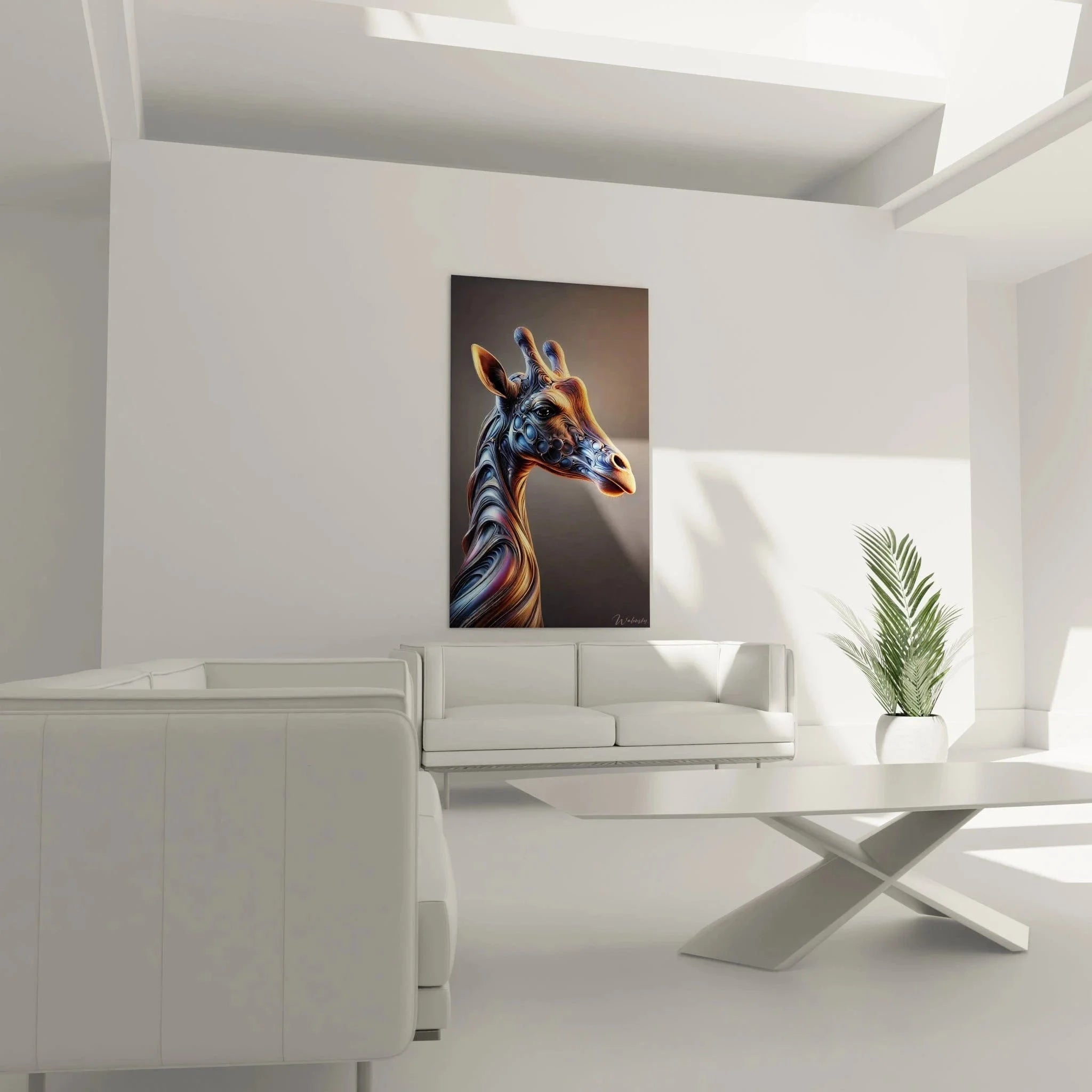 Detailansicht Giraffe Kunstwerk mit 3D Effekten und fließenden metallischen Strukturen Nahaufnahme