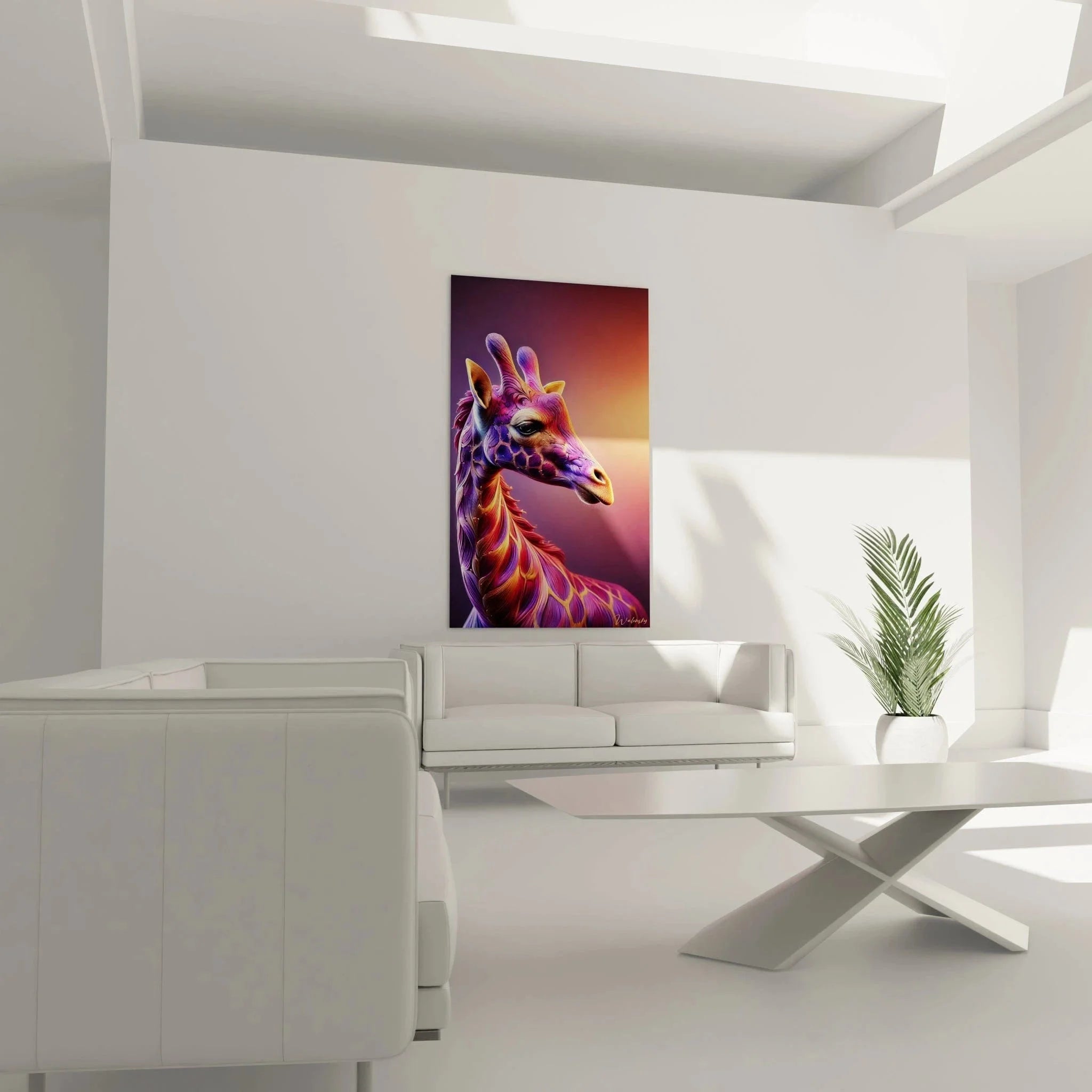 Detailansicht Giraffe Leinwand, kunstvolle Farbgebung und Muster im Nahbereich