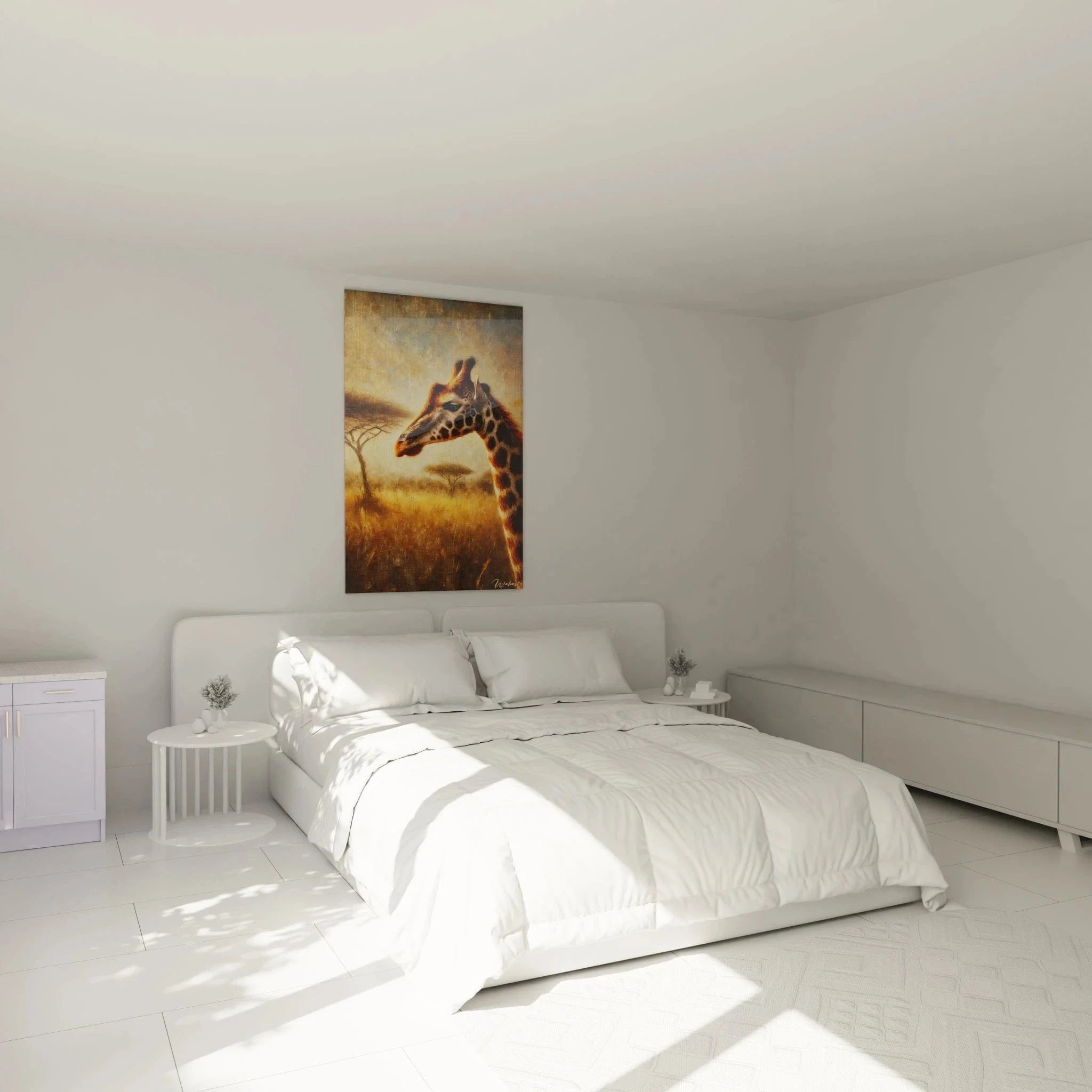 Giraffe Wandbild XXL im Schlafzimmer - Safari Wanddeko in warmen Goldtönen über dem Bett