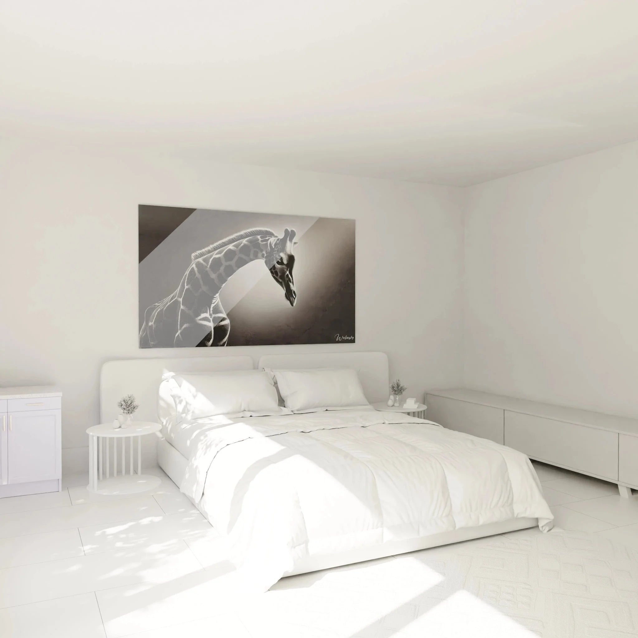 Giraffe Wandbild schwarz-weiß in modernem Schlafzimmer - stilvolle Afrika Wandkunst