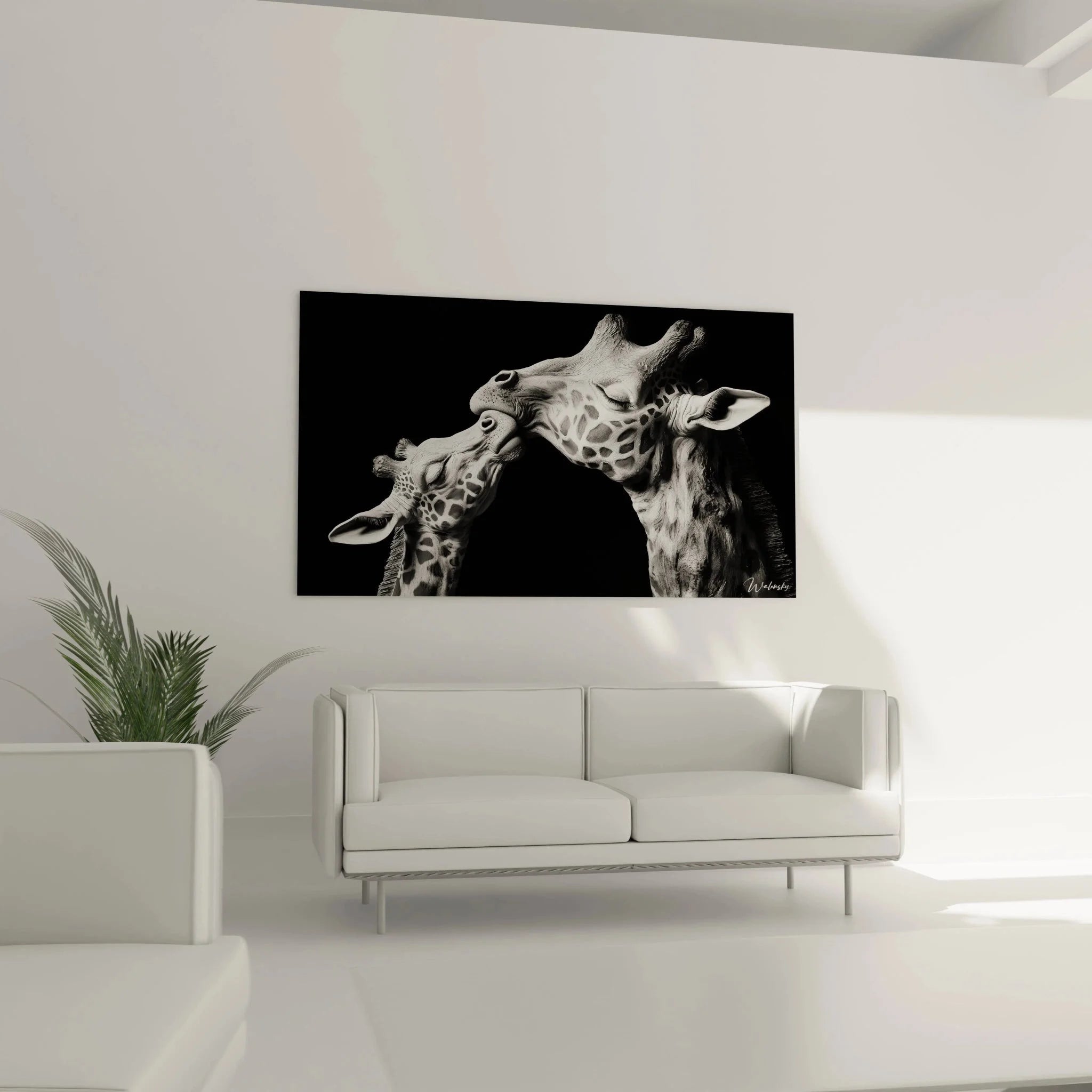 Detailansicht Wandbild Giraffe mit scharfen Konturen und emotionalem Ausdruck in Schwarz-Weiß