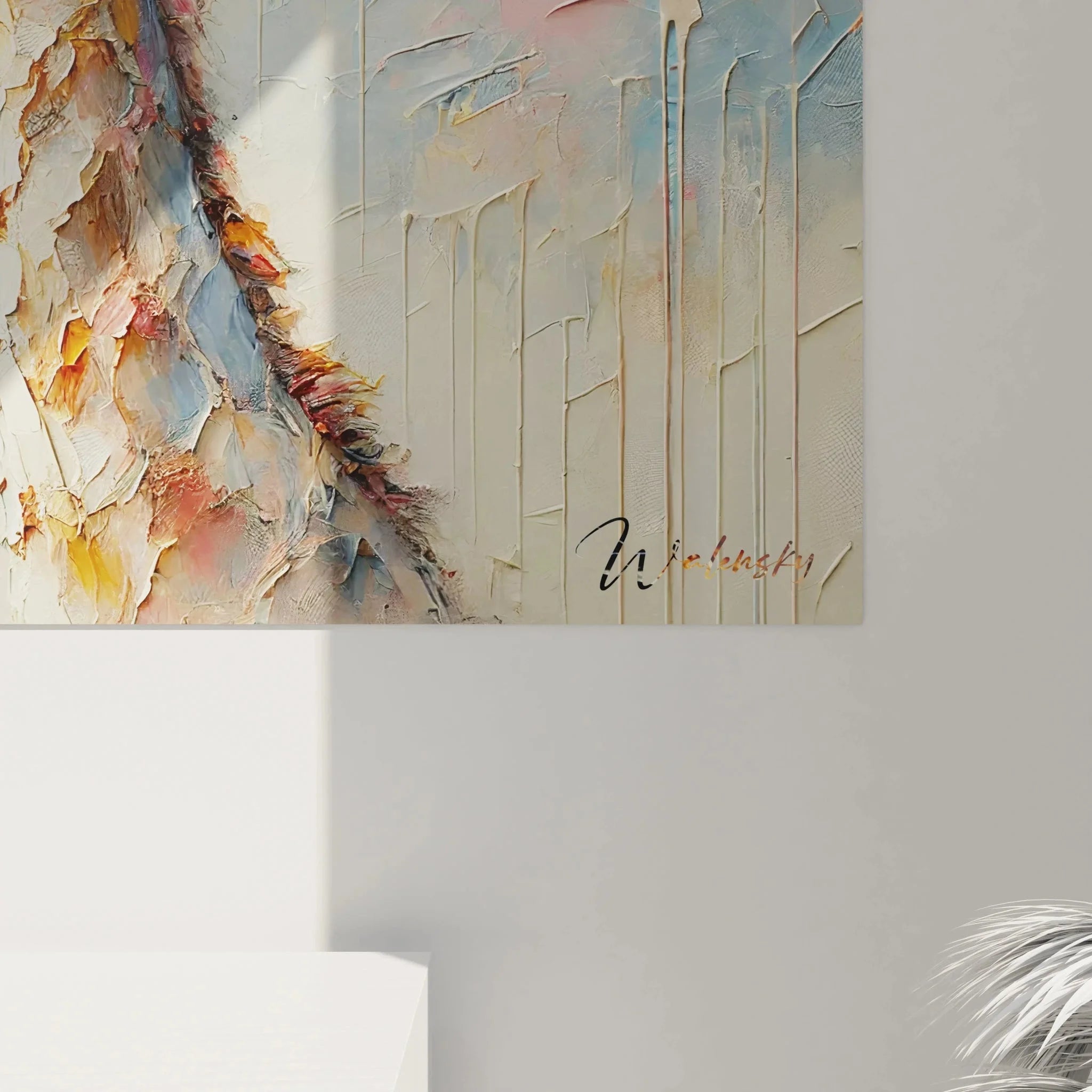 Giraffe Wandkunst Gesamtansicht mit pastosen Farbschichten und modernem Design