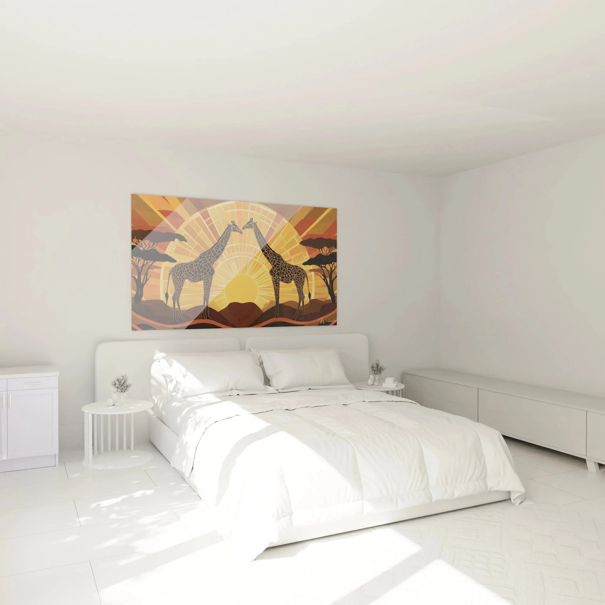 Giraffen Wandbild im Schlafzimmer - Mosaik Afrika Kunstdruck als moderne Wanddeko über dem Bett