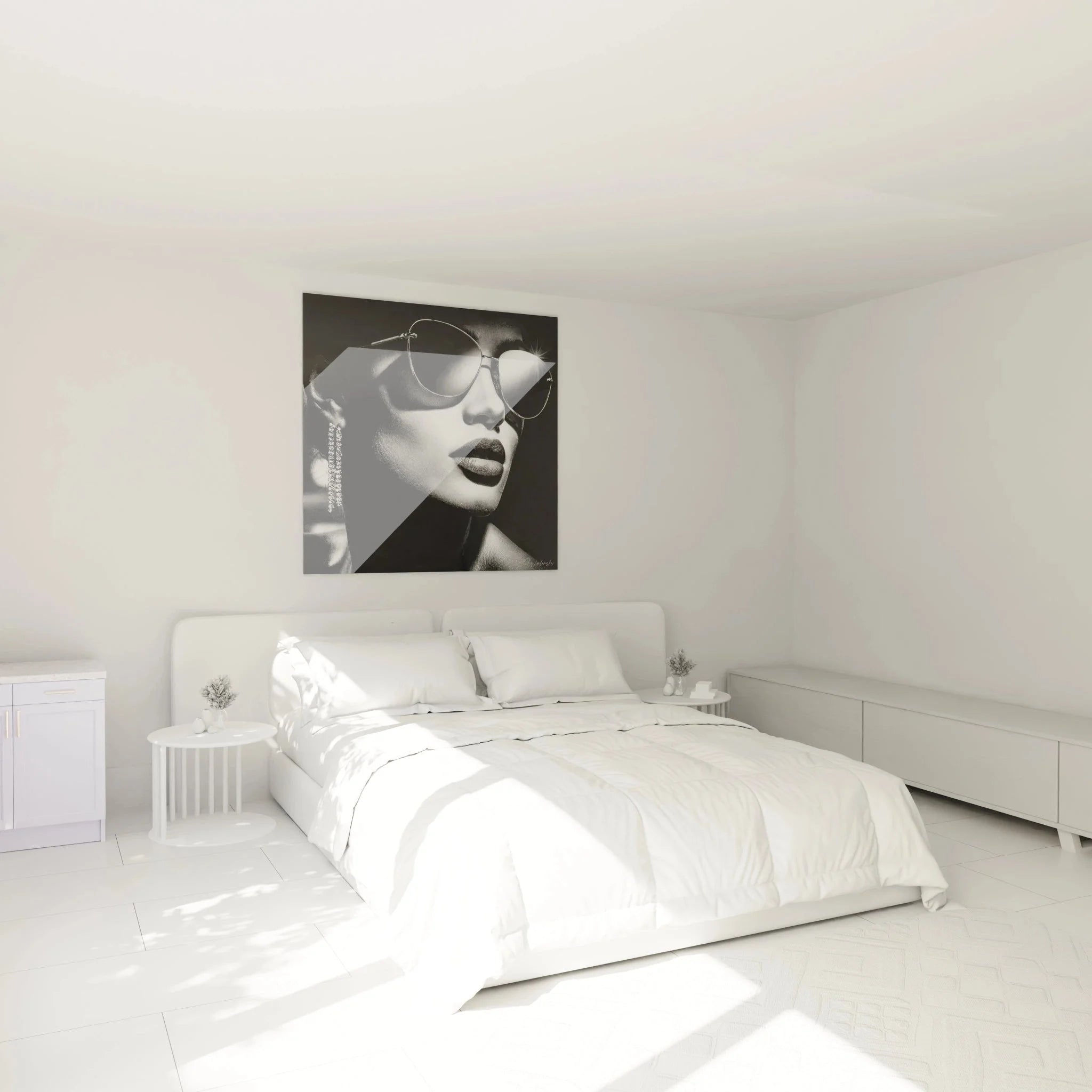 Elegantes Glamour Portrait Wandbild im Schlafzimmer mit Frau und Sonnenbrille Mode-Accessoires