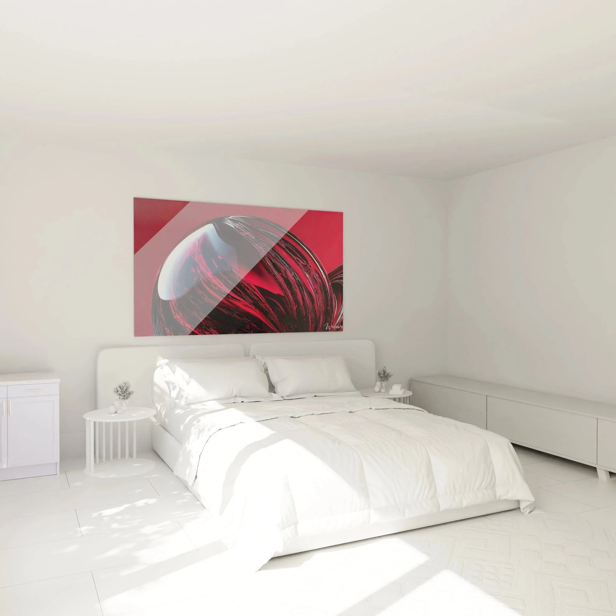 Futuristisches Wandbild Glaskugel in modernem Schlafzimmer abstrakte rote Dekoration Wandkunst