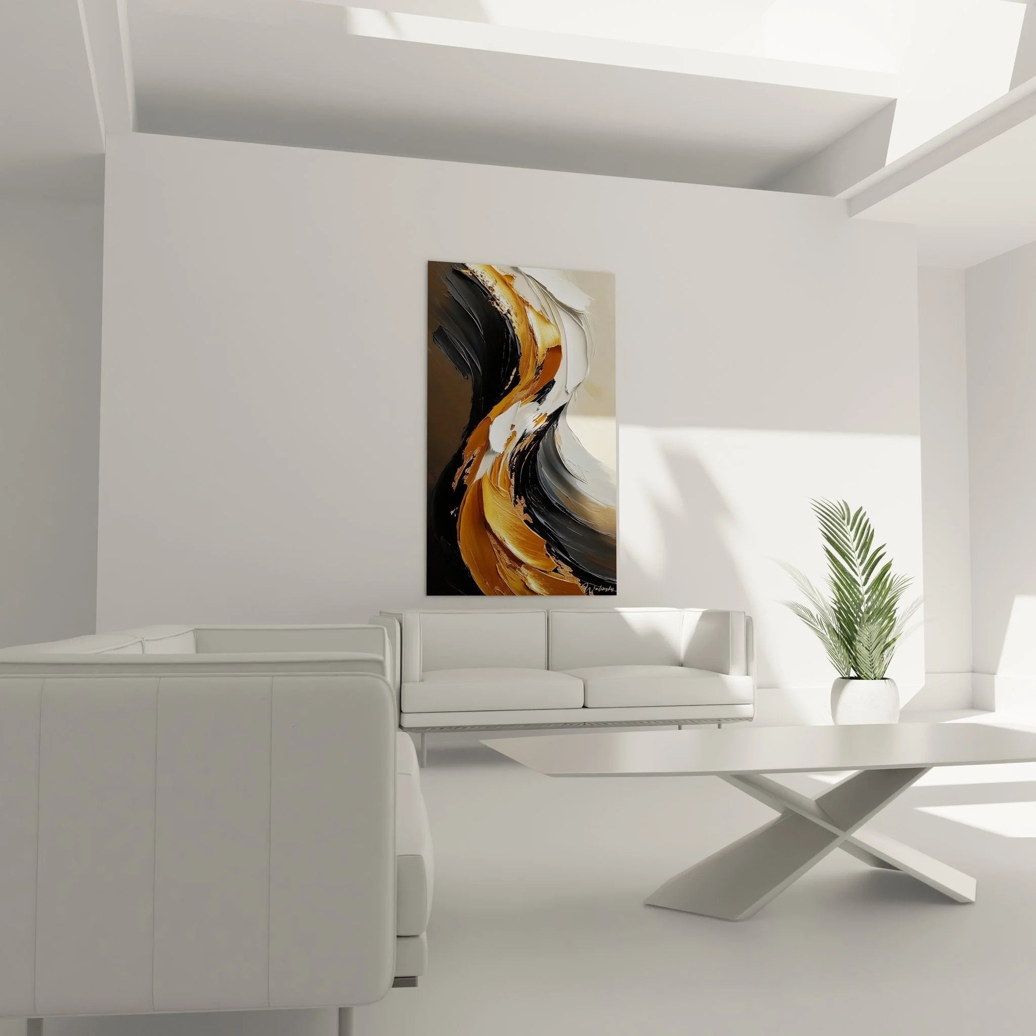 Detailansicht der goldenen Textur und Pinselstriche des abstrakten Wandbildes in Premium Qualität