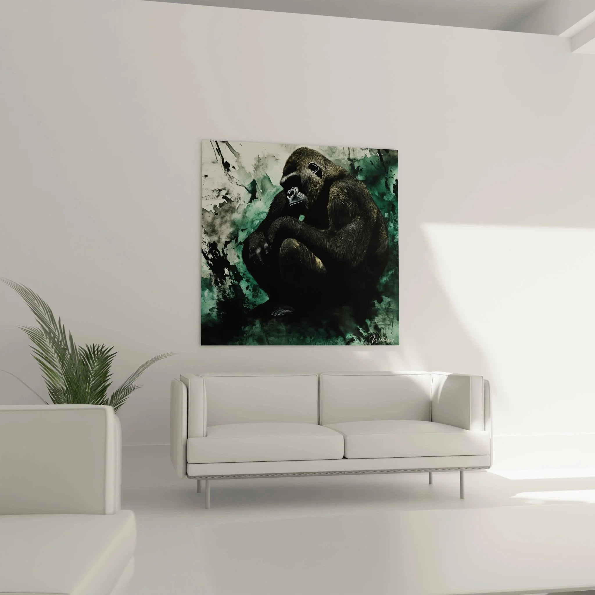 Detailansicht Gorilla Gesicht Wandkunst mit expressiven Aquarell-Farbverläufen