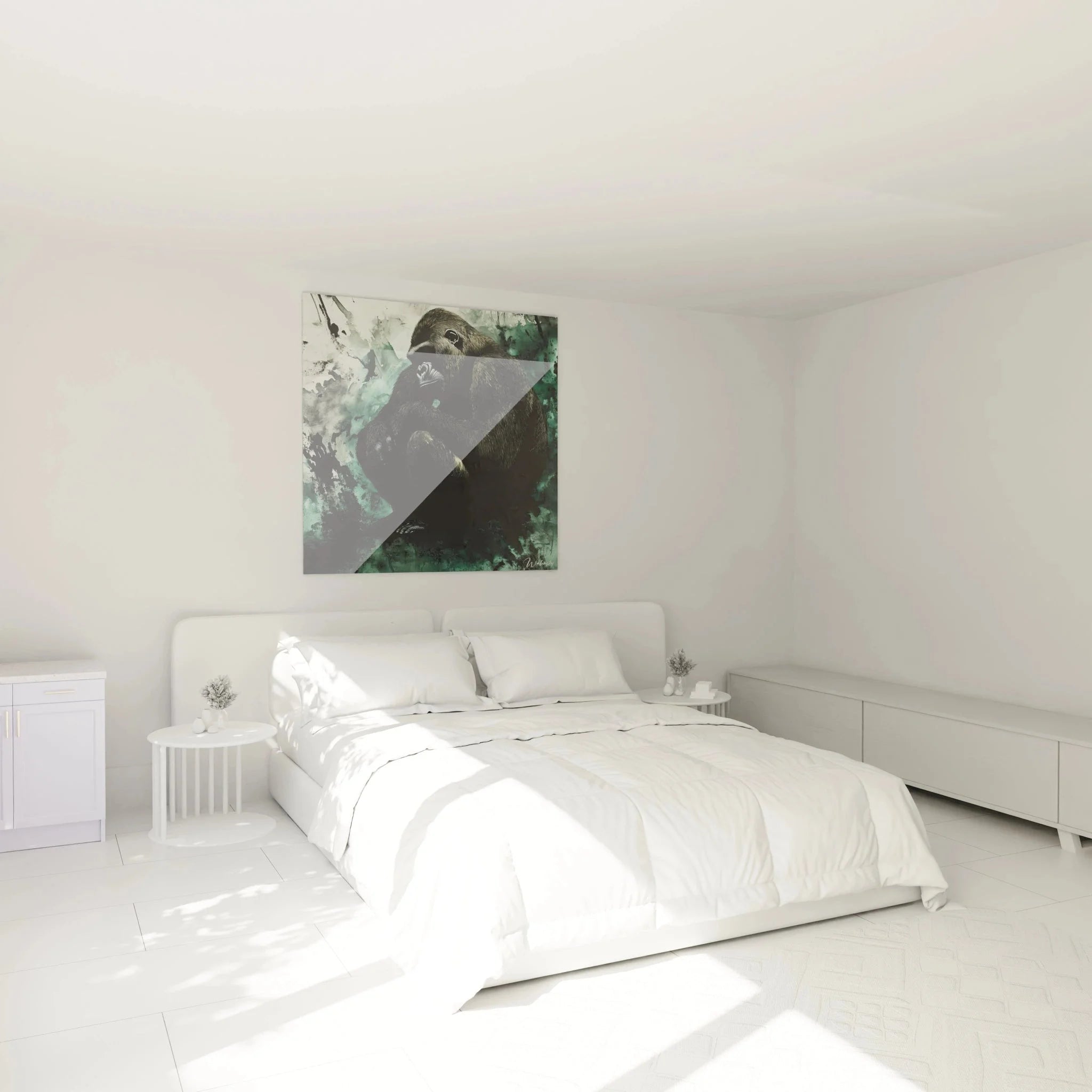Gorilla Wandbild XXL in modernem Schlafzimmer mit grüner Aquarell-Optik