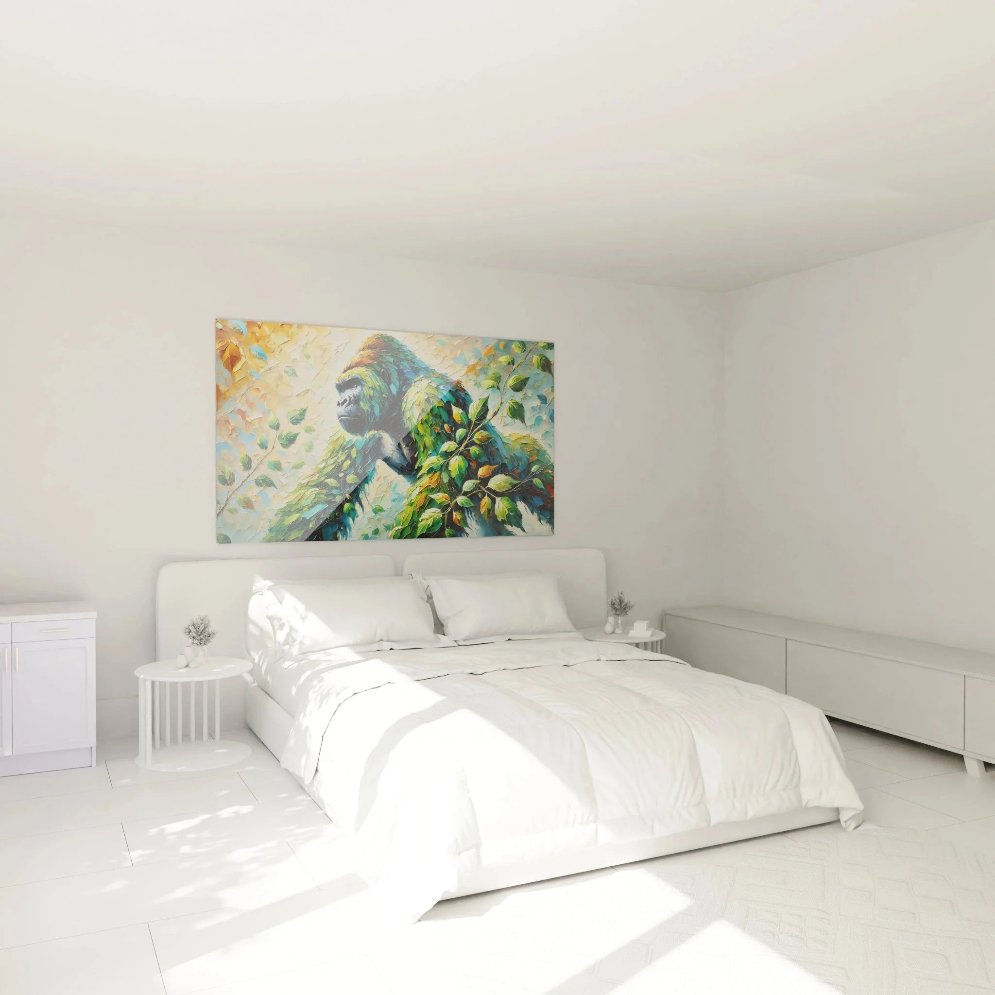 Gorilla Wandbild XXL in modernem Schlafzimmer - impressionistische Tierdekoration