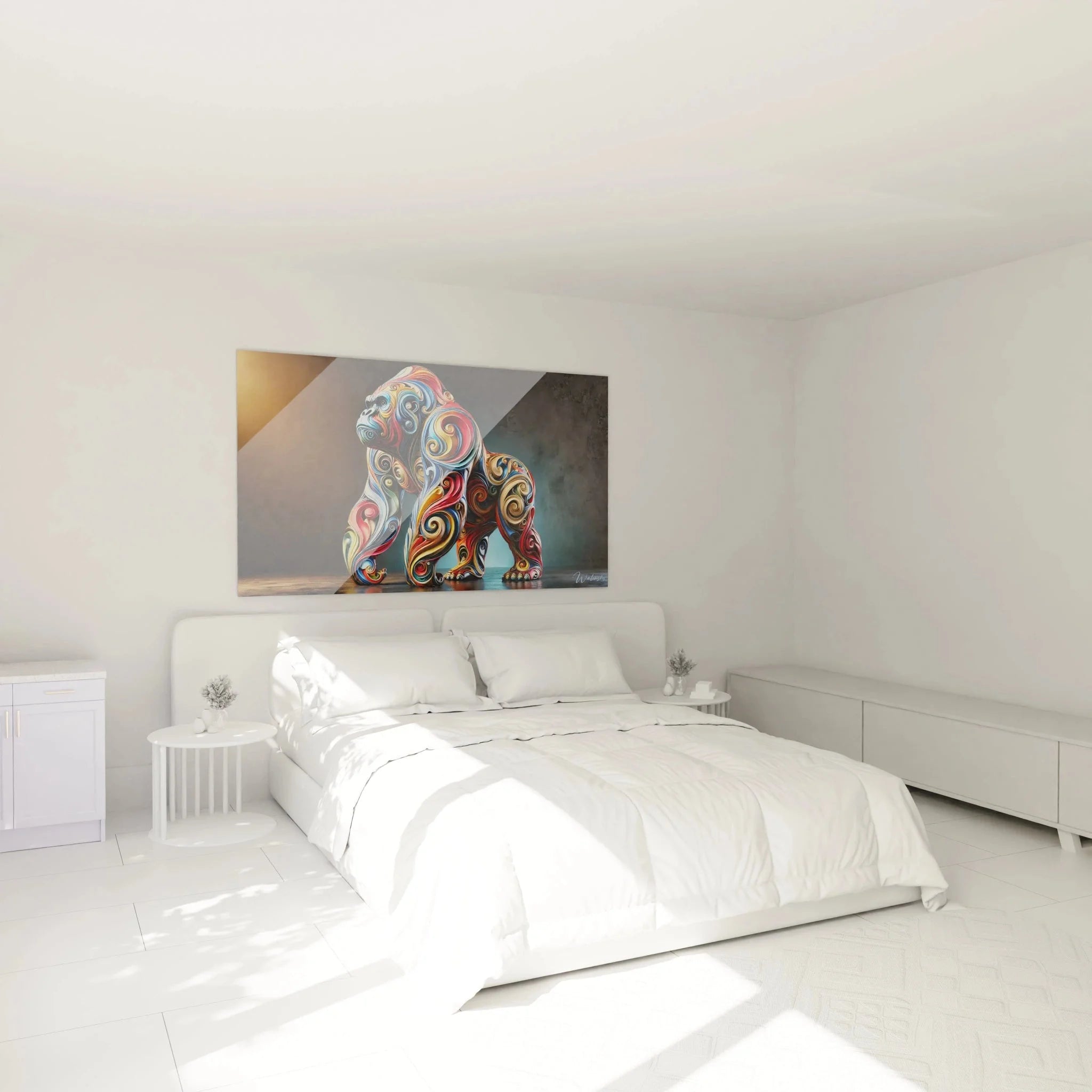 Gorilla Leinwandbild mit bunten Wirbeln als stilvolle Wanddekoration im Schlafzimmer Ambiente