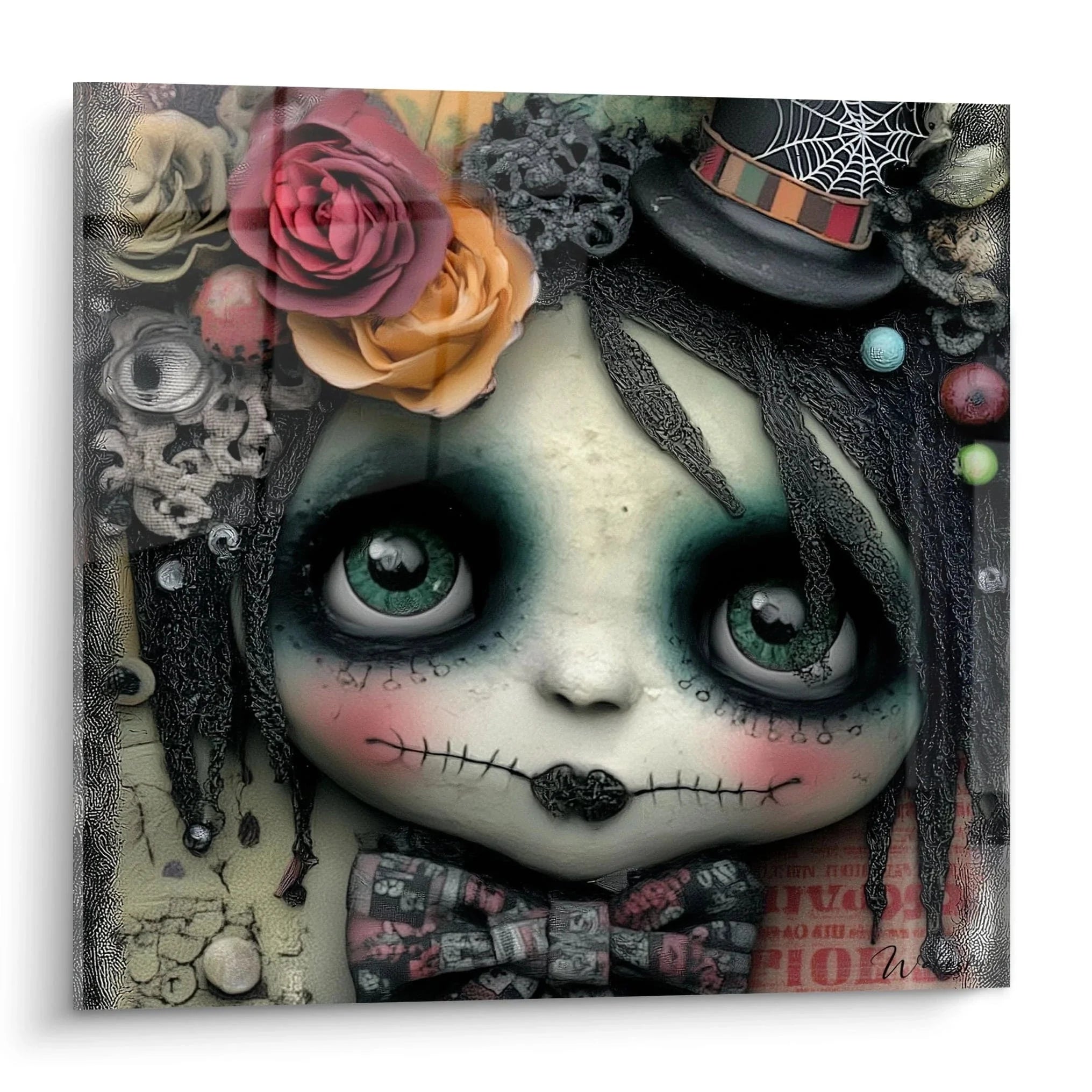 Gothic Puppe Wandbild mit grünen Augen und schwarzen Nähten - Halloween Deko Art