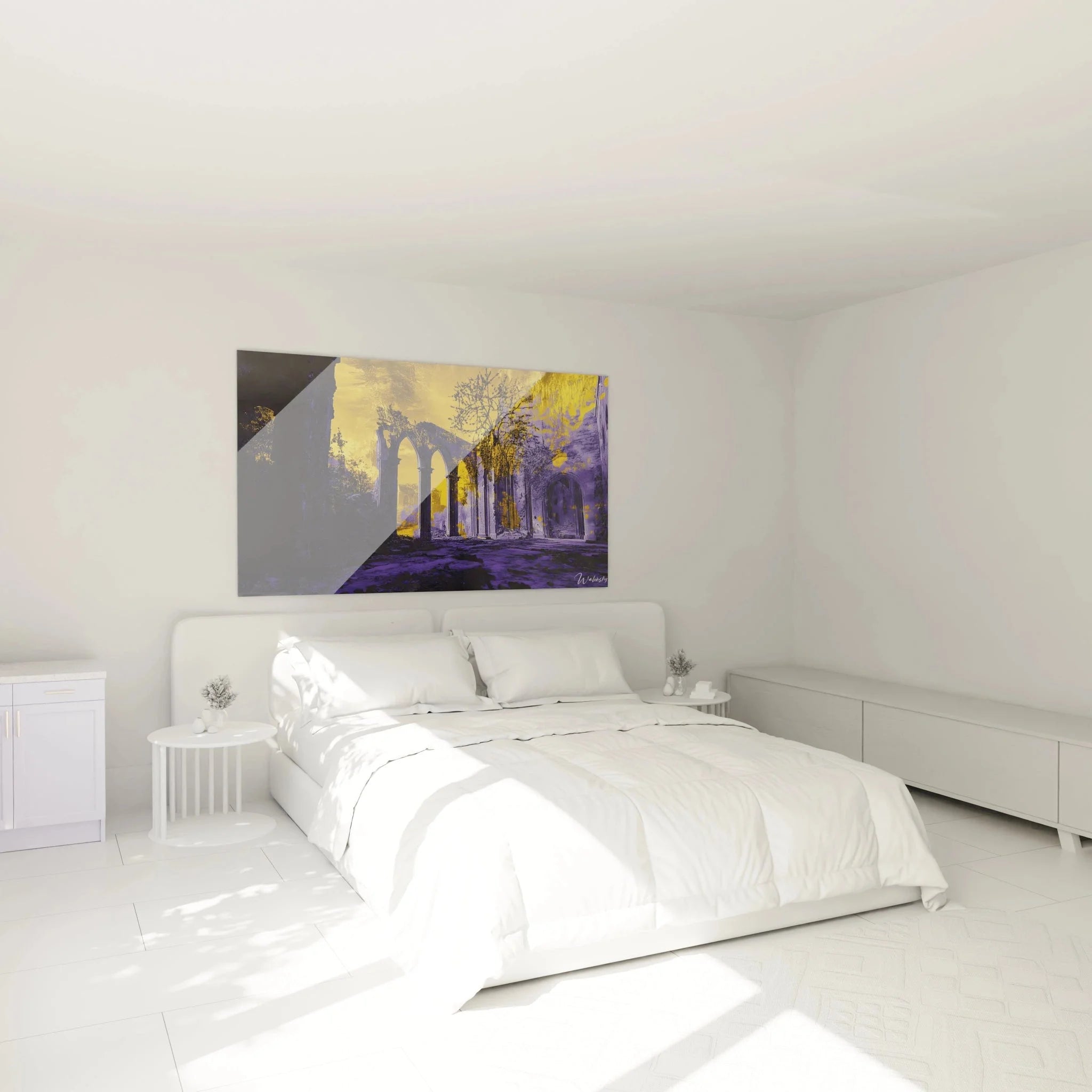 Gotische Ruinen Wandbild in modernem Schlafzimmer, goldenes Licht Wanddeko, romantische Raumgestaltung