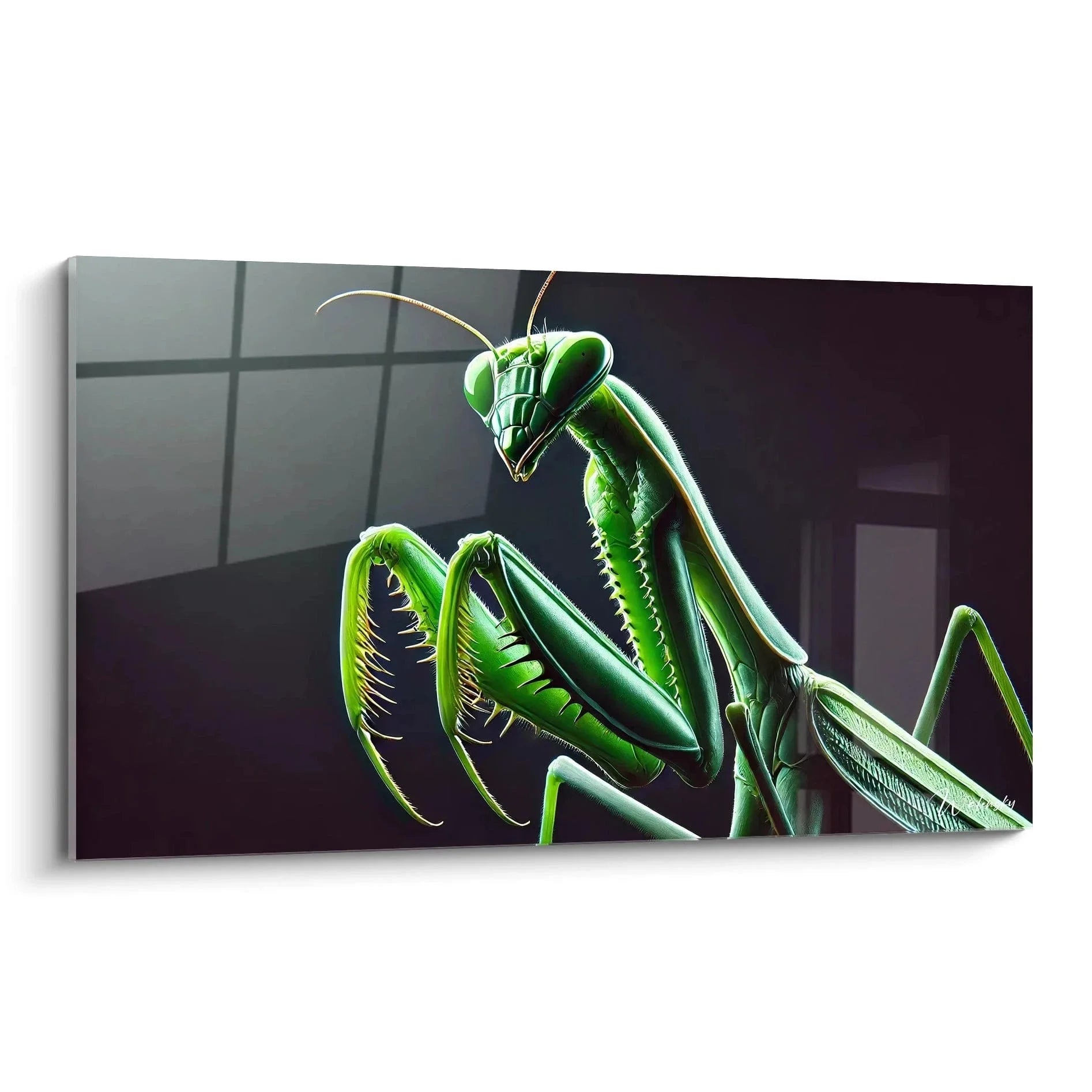 Grüne Gottesanbeterin Wandbild in dramatischer Beleuchtung - Premium Insekt Kunstdruck für moderne Räume