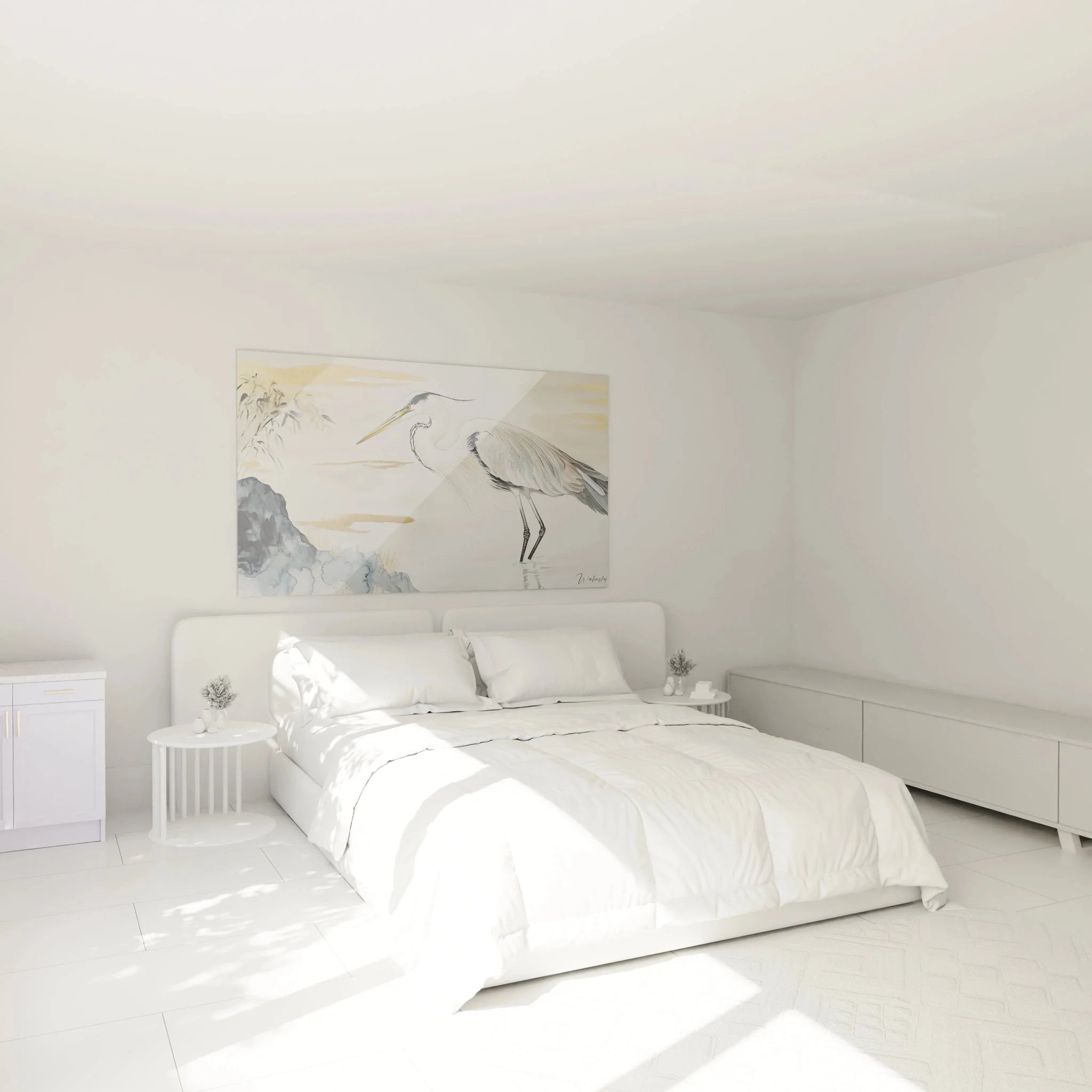 Wandbild Graureiher Aquarell als stilvolle Schlafzimmer Dekoration in ruhigen Naturtönen