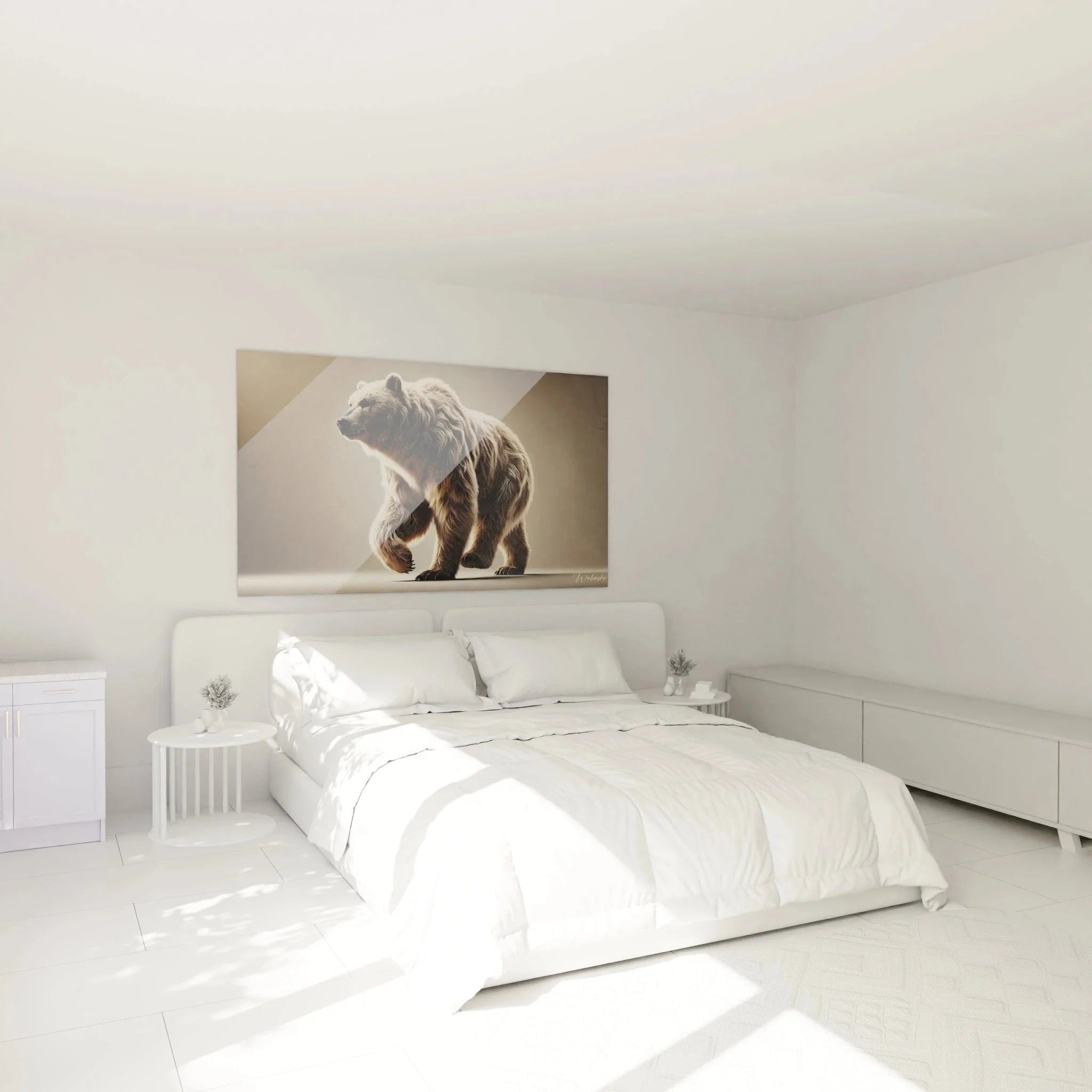 Grizzlybär Wandbild XXL in modernem Schlafzimmer über Bett, warme Beleuchtung, elegante Raumatmosphäre