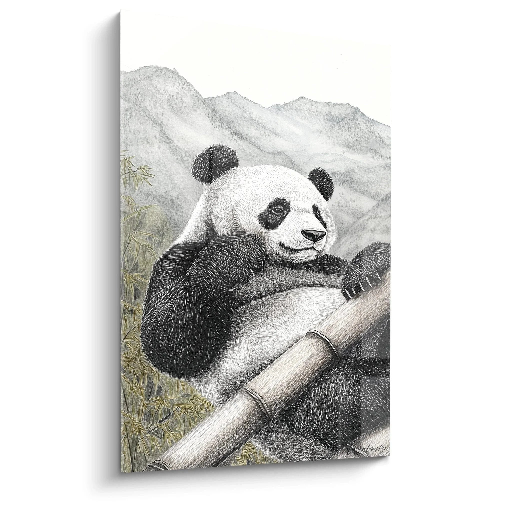 Großer Panda Wandbild mit Bambus in natürlicher Berglandschaft - Premium Kunstdruck für Wanddekoration