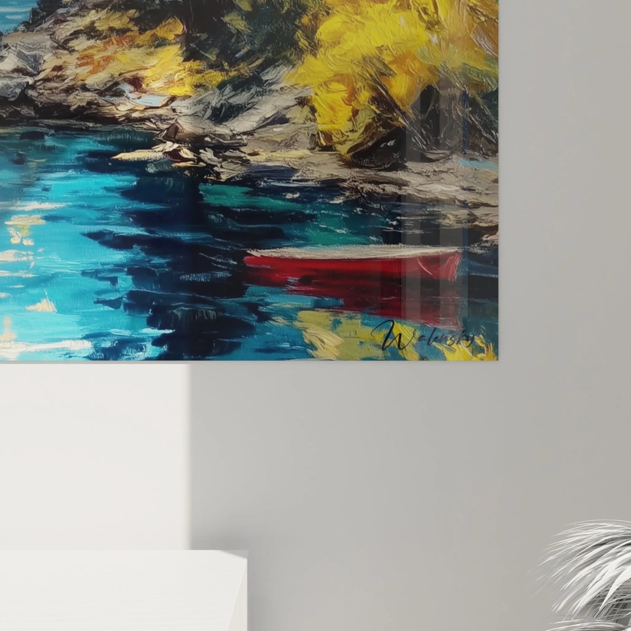 Gesamtansicht des großformatigen Bergsee Wandbildes mit dramatischer Berglandschaft