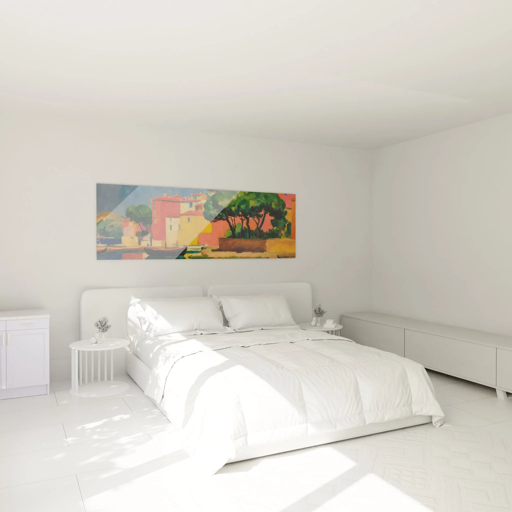 Mediterranes Hafenbild im Schlafzimmer mit farbenfrohen Küstenhäusern als Wanddekoration