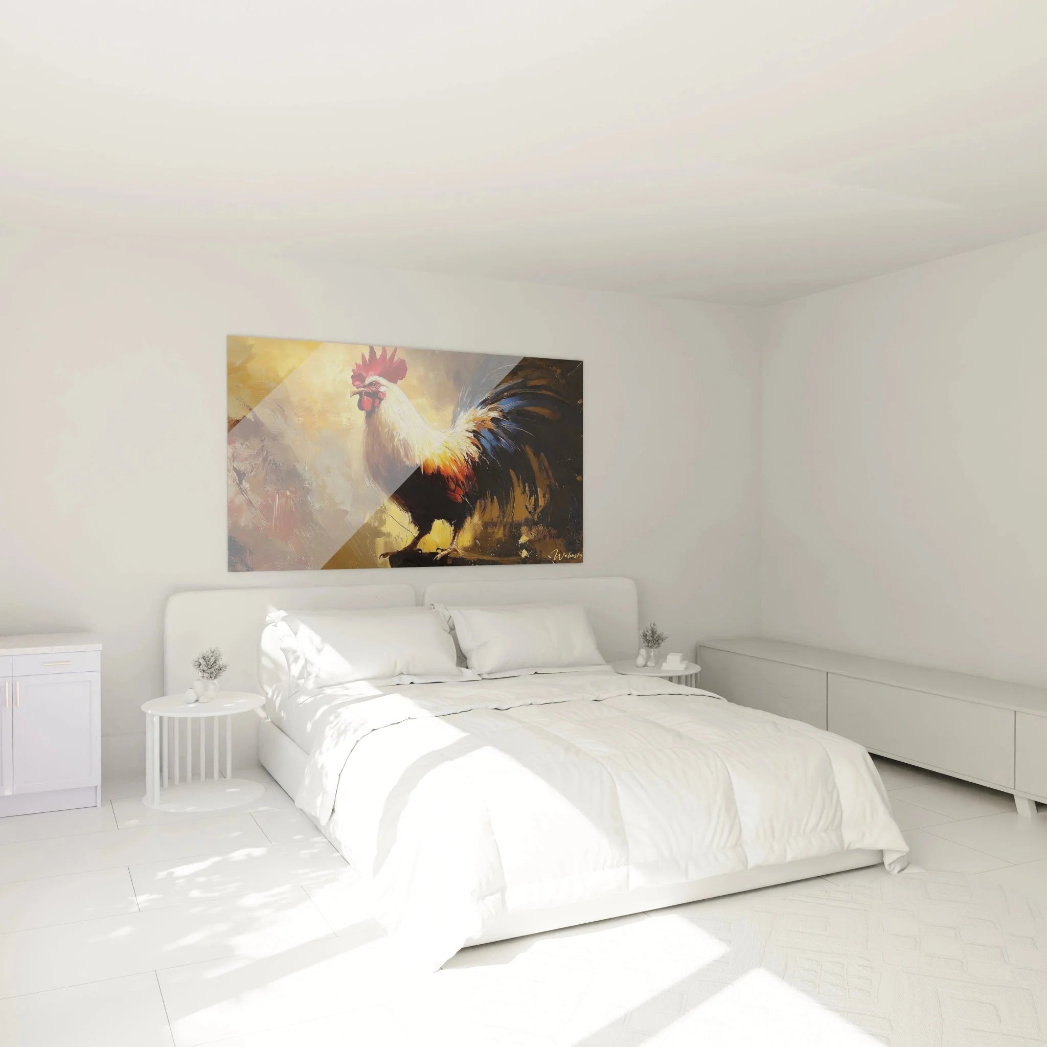 Hahn Wandbild im Schlafzimmer - Warme Landhaus-Atmosphäre mit prächtigem Gockel Kunstdruck an der Wand