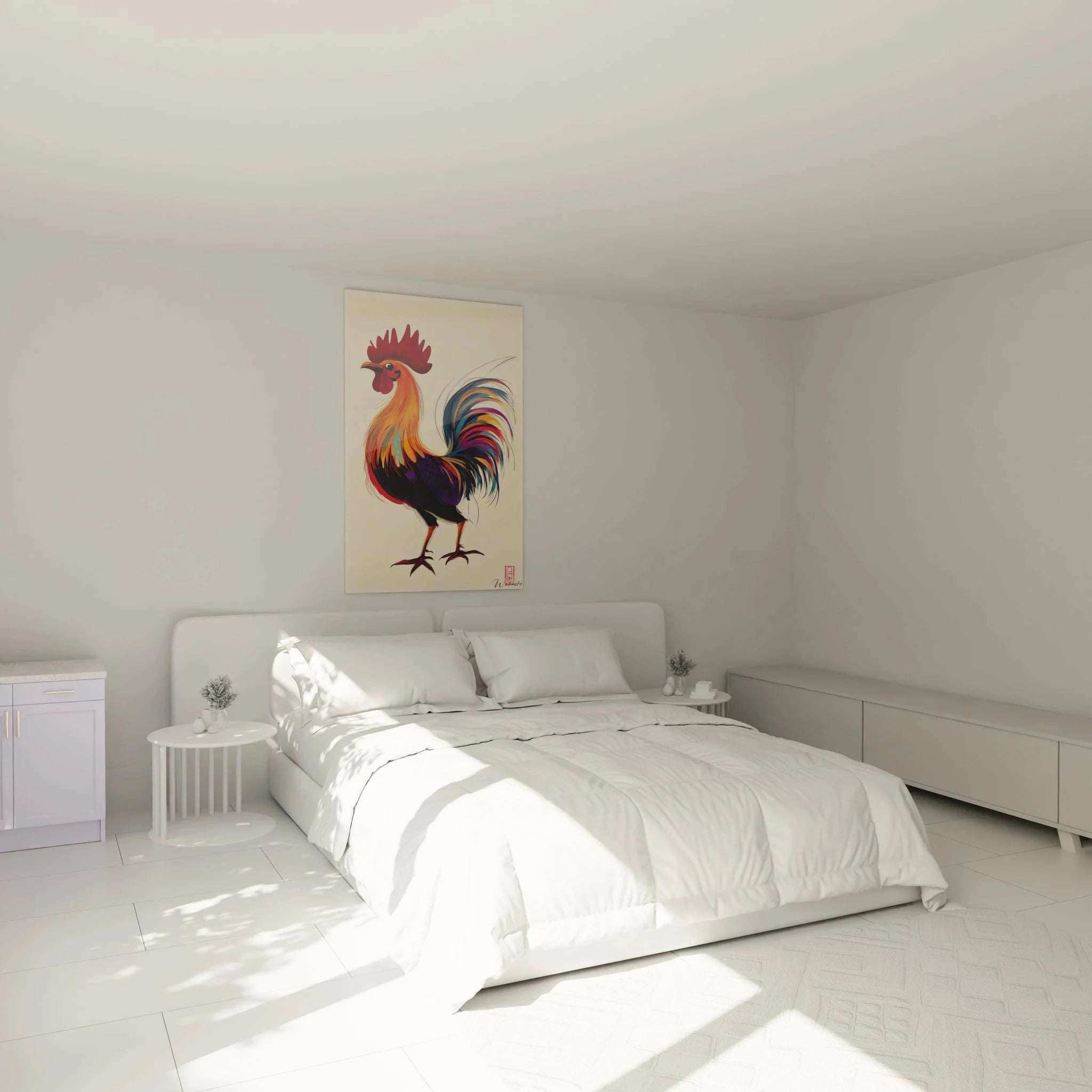 Wandbild Hahn XXL im Schlafzimmer - Farbenfroher Gockel Kunstdruck als moderne Wanddekoration