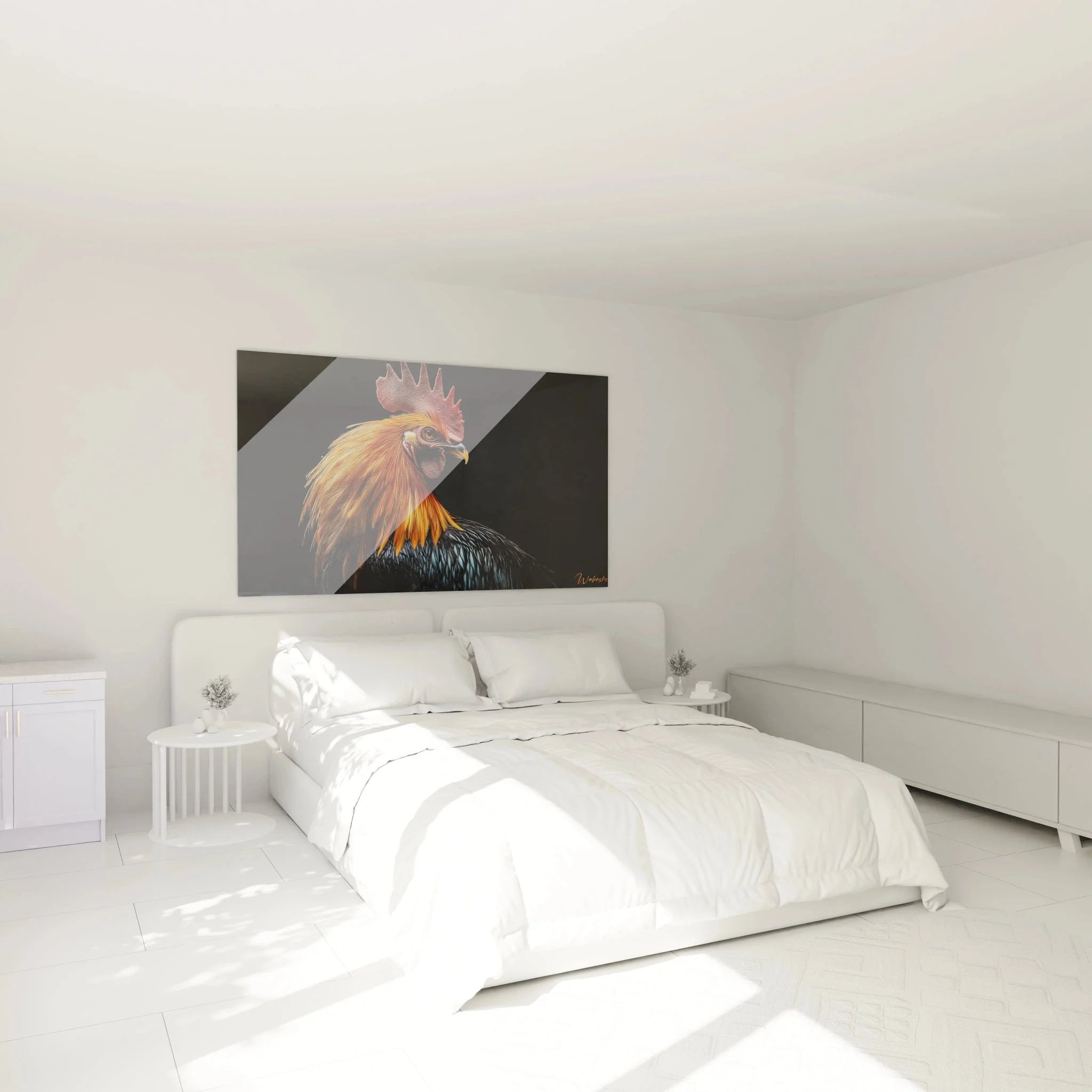 Hahn Wandbild XXL in stilvoller Schlafzimmer Atmosphäre als elegante Wanddekoration