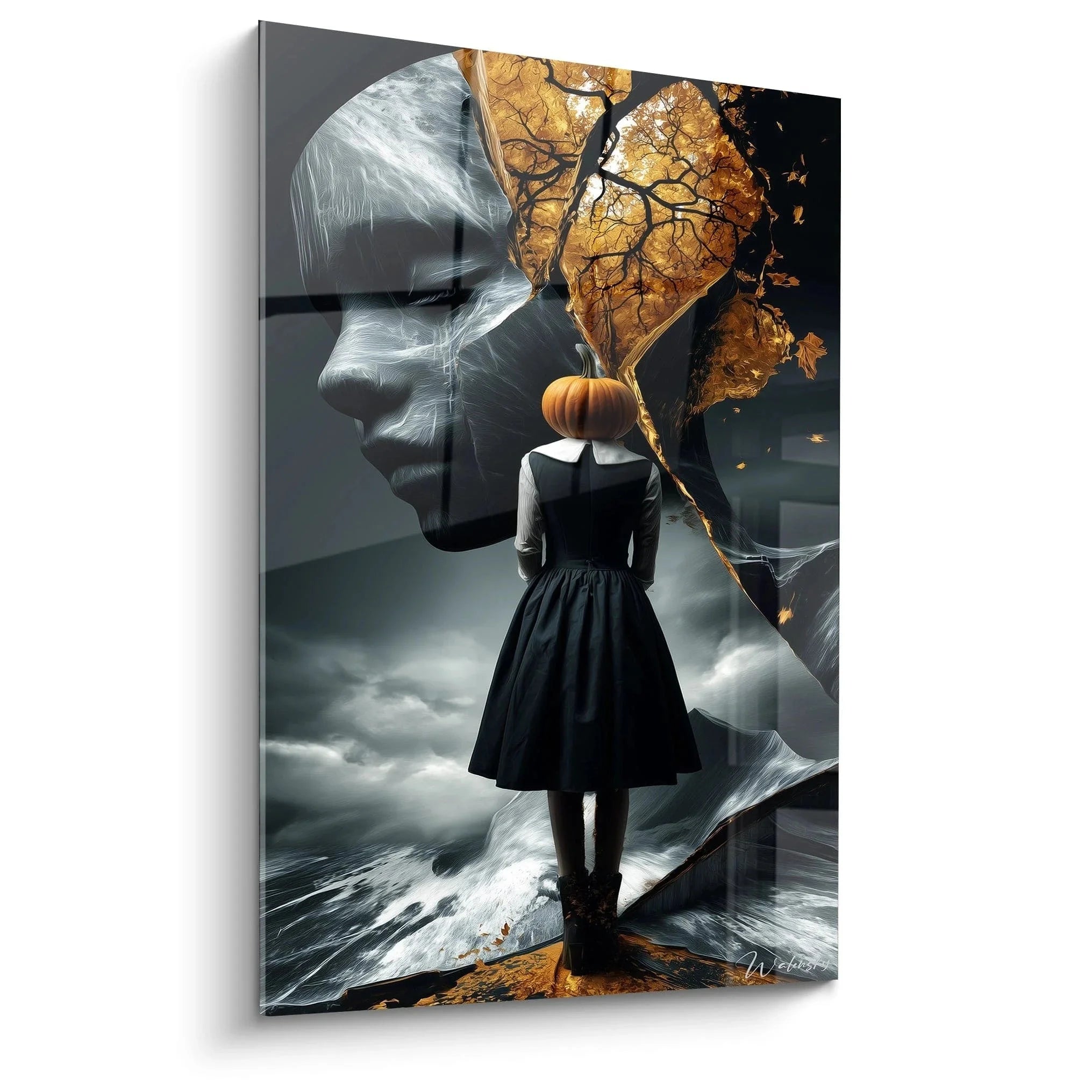 Halloween Wandbild mit Kürbiskopf Frau in schwarzem Kleid vor herbstlicher Wasserlandschaft