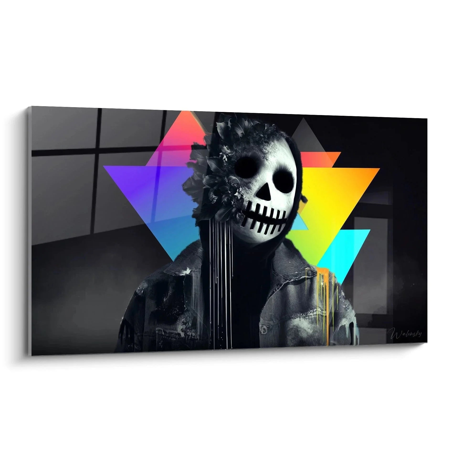 Halloween Wandbild mit Totenkopf Geiger und bunten geometrischen Prisma Dreiecken - moderne Gothic Kunst