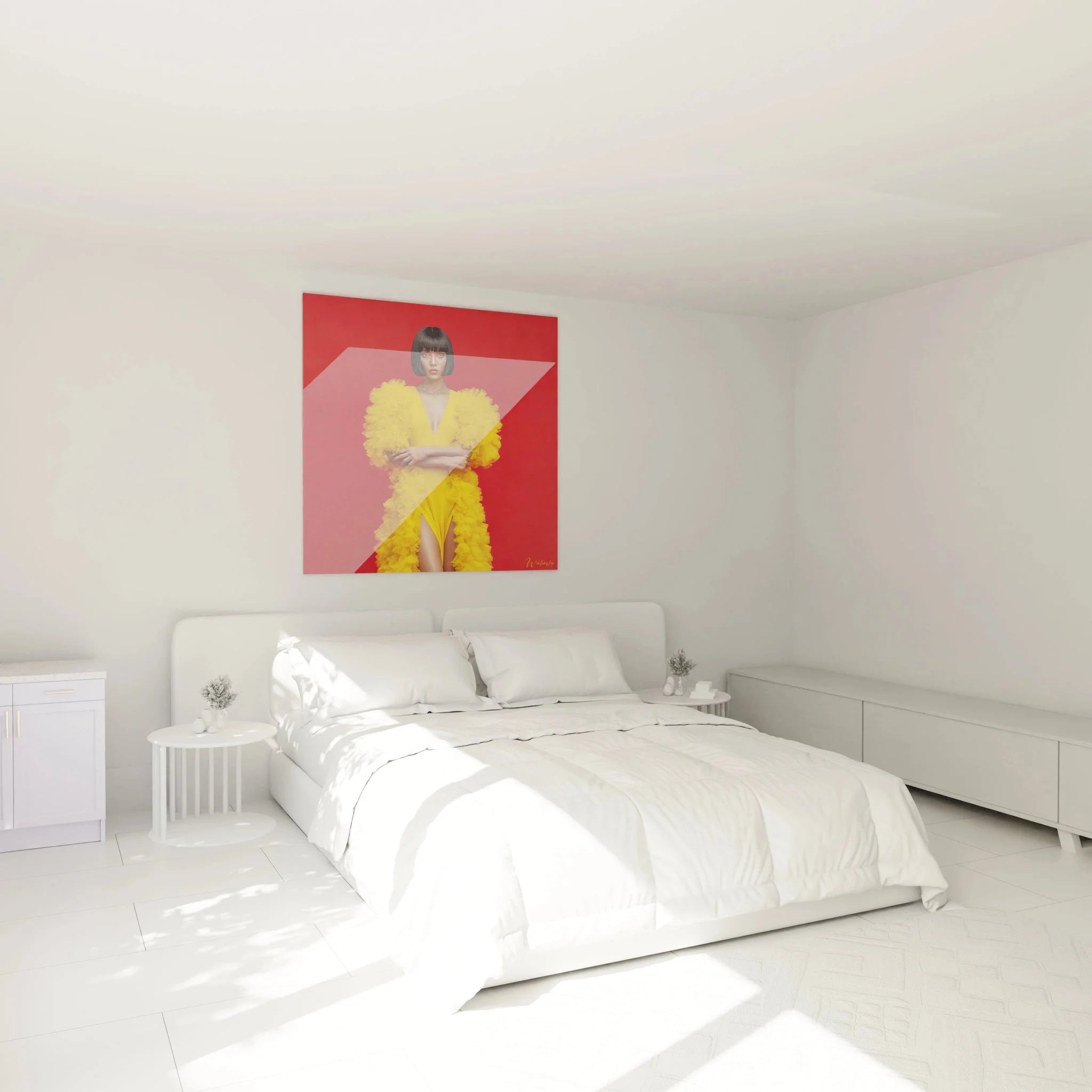 Haute Couture Wandbild im Schlafzimmer, goldgelbes Fashion Kunstwerk als luxuriöse Wanddekoration