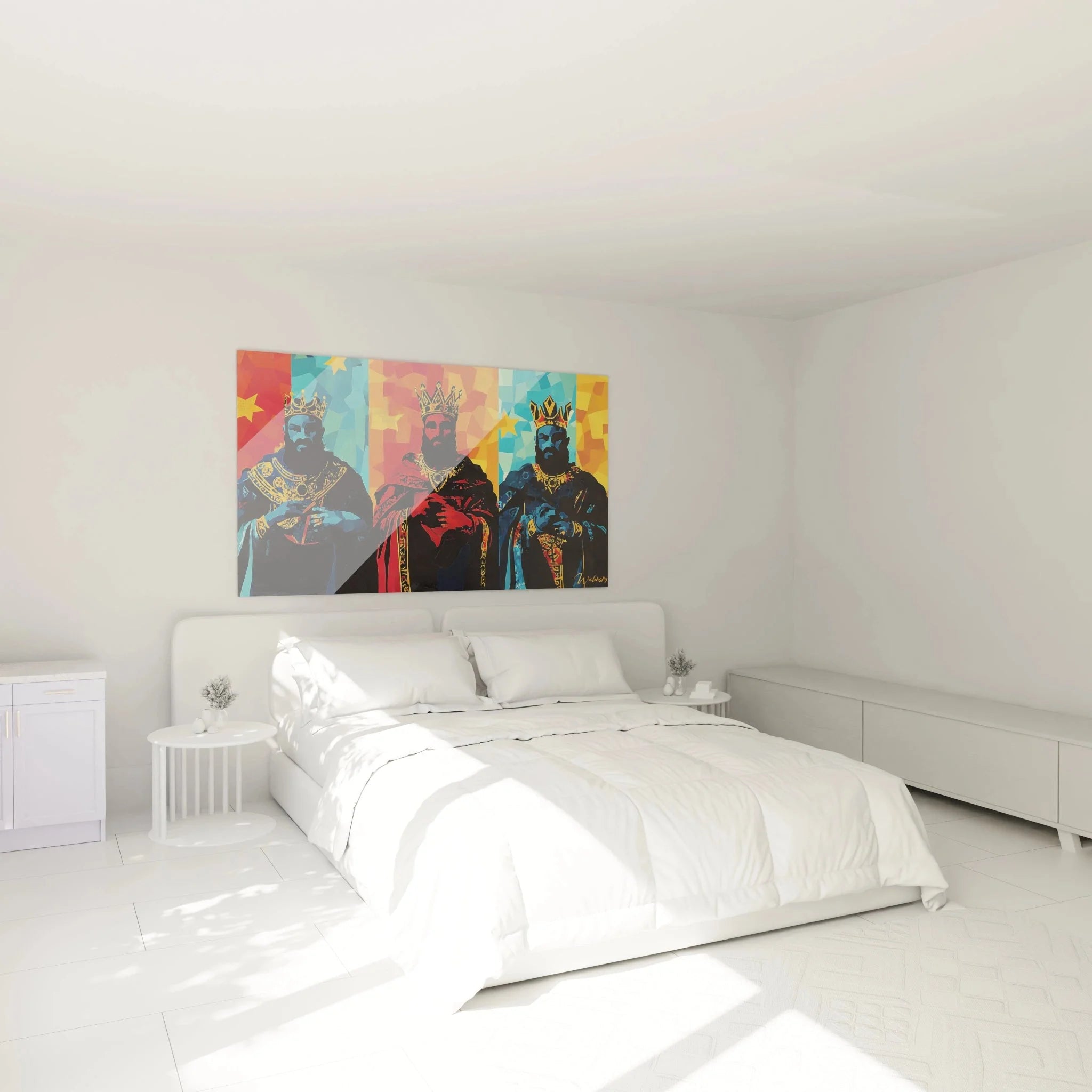 Moderne Wanddekoration Heilige Drei Könige Pop-Art in stilvoll eingerichtetem Schlafzimmer