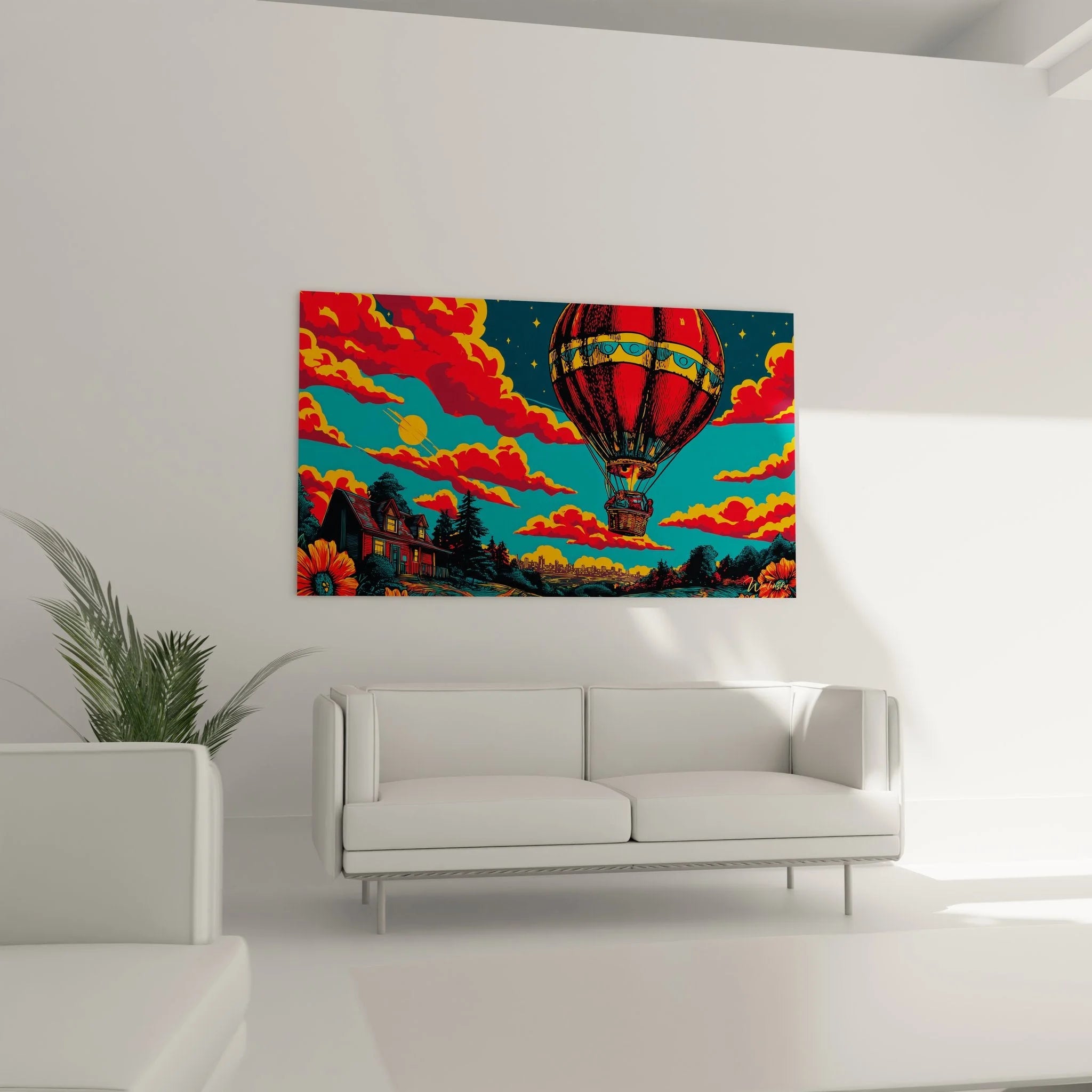 Detailansicht Heißluftballon Leinwandbild mit leuchtenden Farben und kunstvoller Ballonkorb-Gestaltung