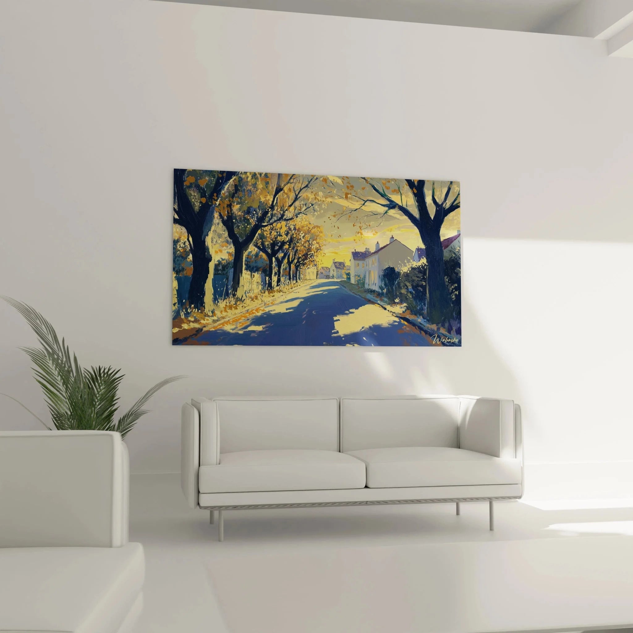 Detailansicht Wandbild Herbststraße Alfred Sisley, goldenes Licht und fallende Blätter in impressionistischer Maltechnik