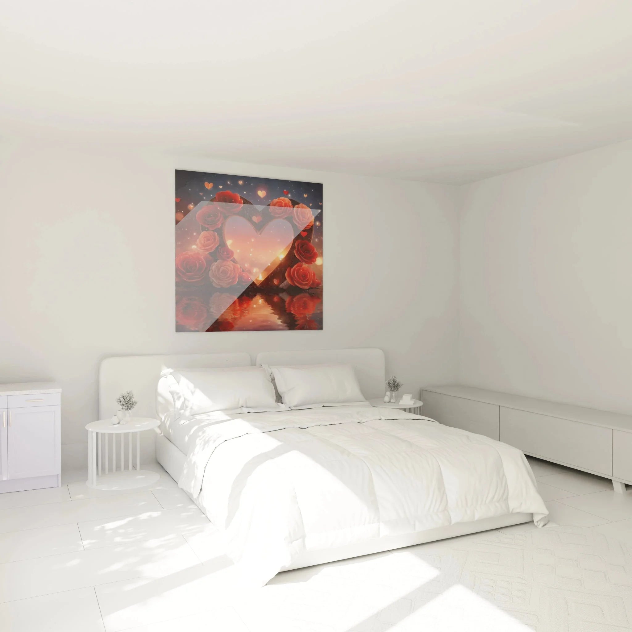 Wandbild Herz Rosen in elegantem Schlafzimmer Ambiente romantische Wanddekoration Valentinstag