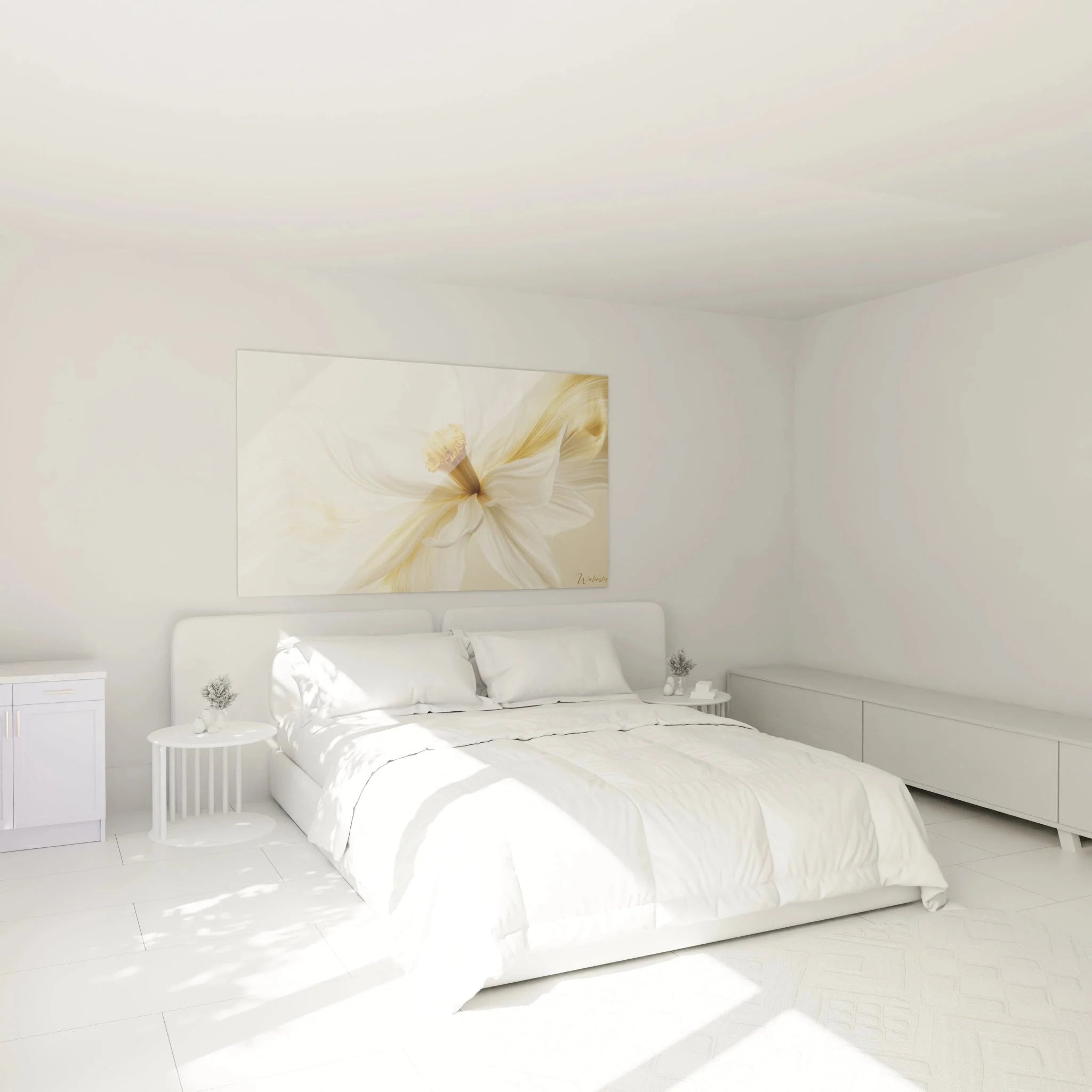 Hibiskus Wandbild XXL in Schlafzimmer - goldene Blüte als stilvolle Wanddeko über Bett