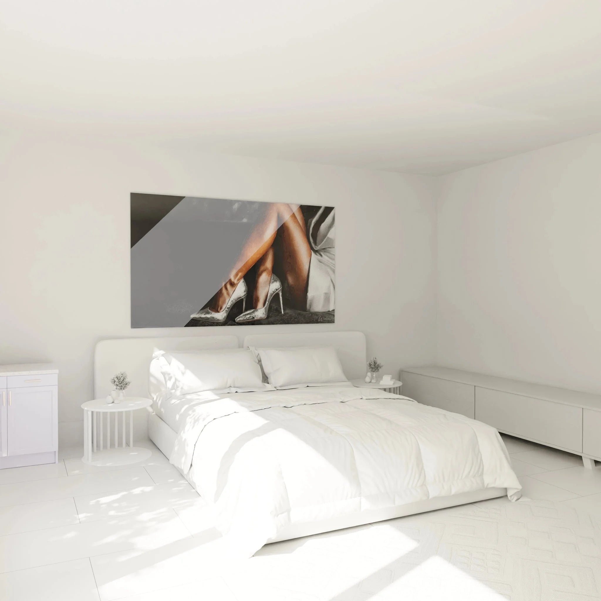 High Heels Wandbild in stilvollem Schlafzimmer mit modernem Ambiente und eleganter Einrichtung