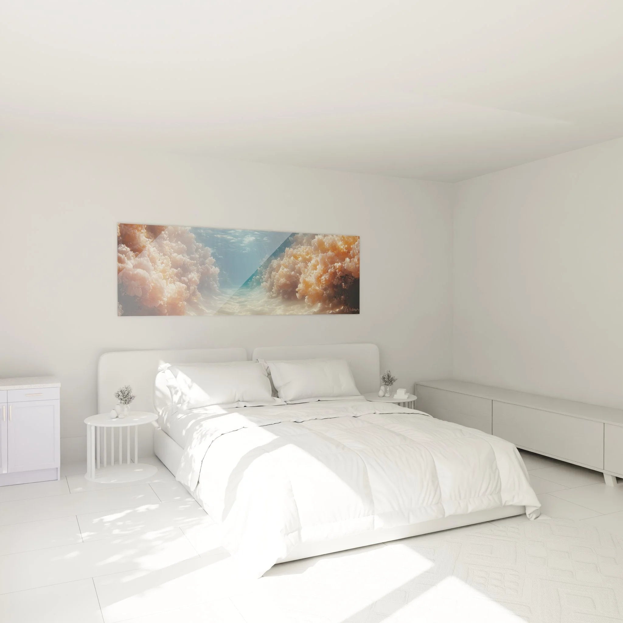 Wandbild Himmel im Schlafzimmer über dem Bett in warmen Farbtönen