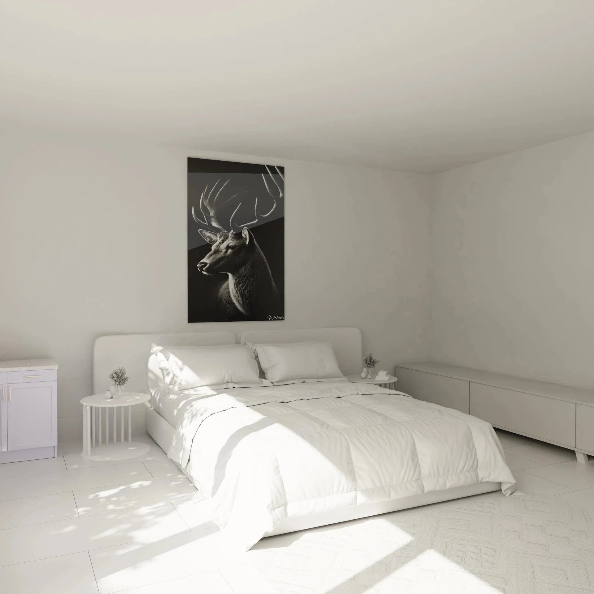 Elegantes Hirsch Wandbild XXL in Schwarz Weiß als stilvolle Schlafzimmer Dekoration über dem Bett