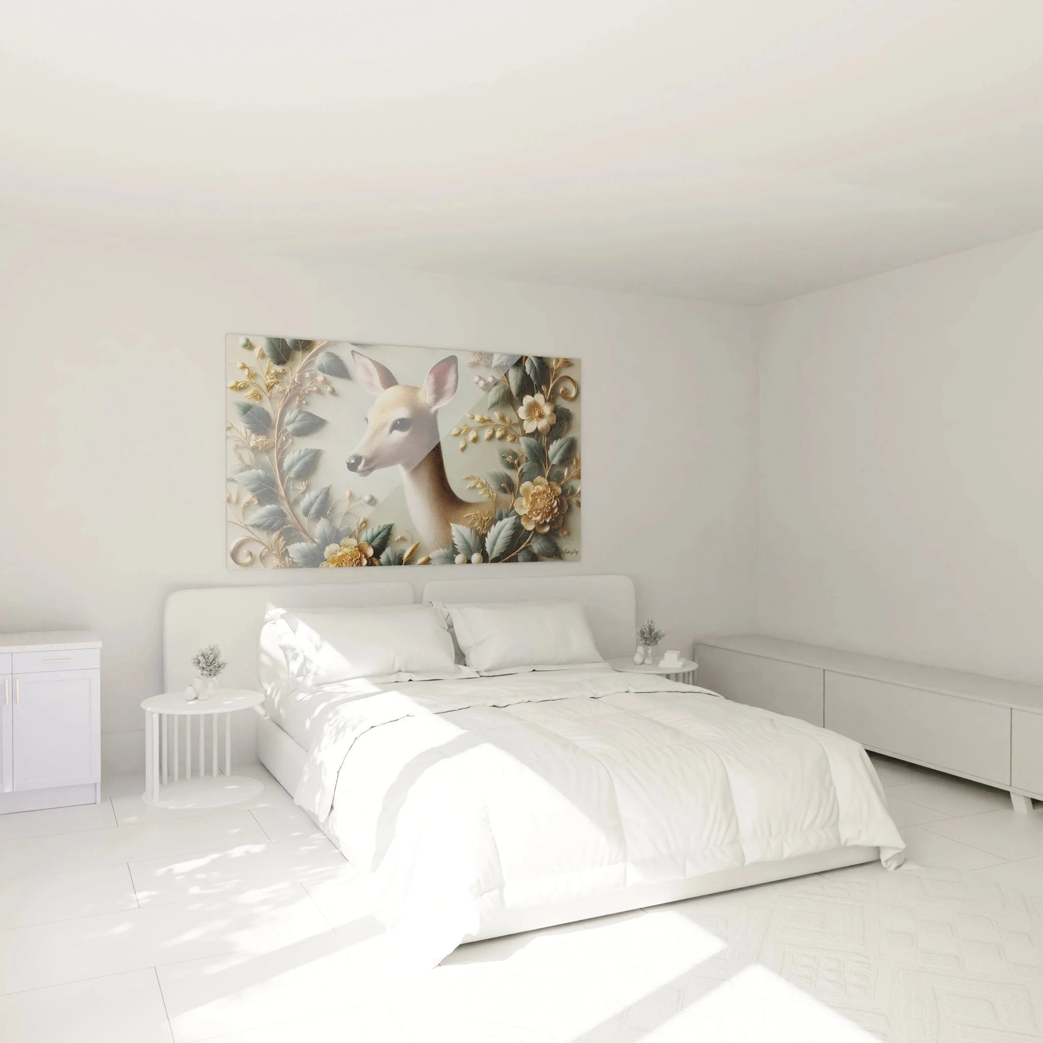 Elegantes Wandbild Hirschkuh mit goldenen Verzierungen als Schlafzimmer Wanddekoration