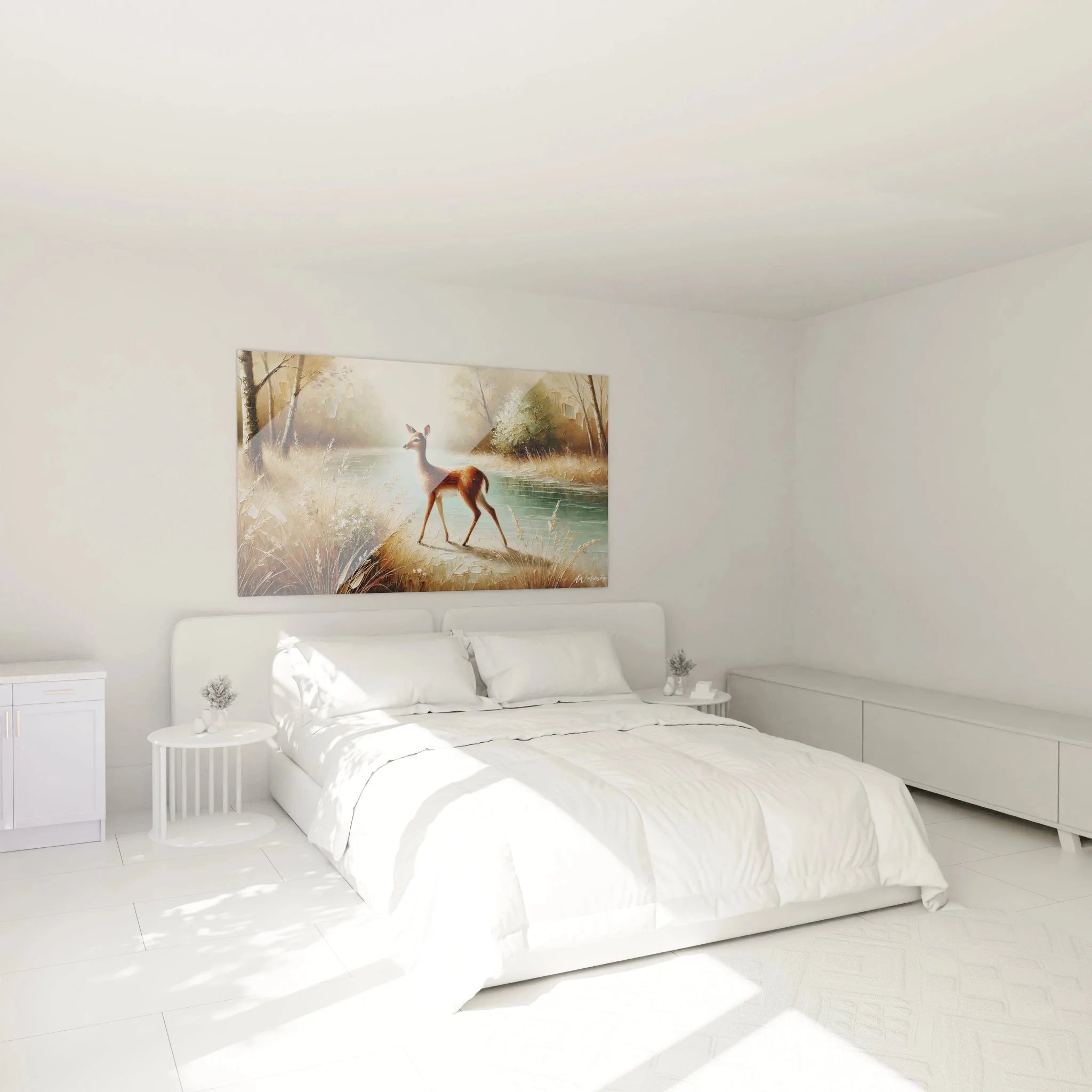 Hirschkuh Wandbild im Schlafzimmer - harmonische Naturdarstellung für ruhige Raumatmosphäre