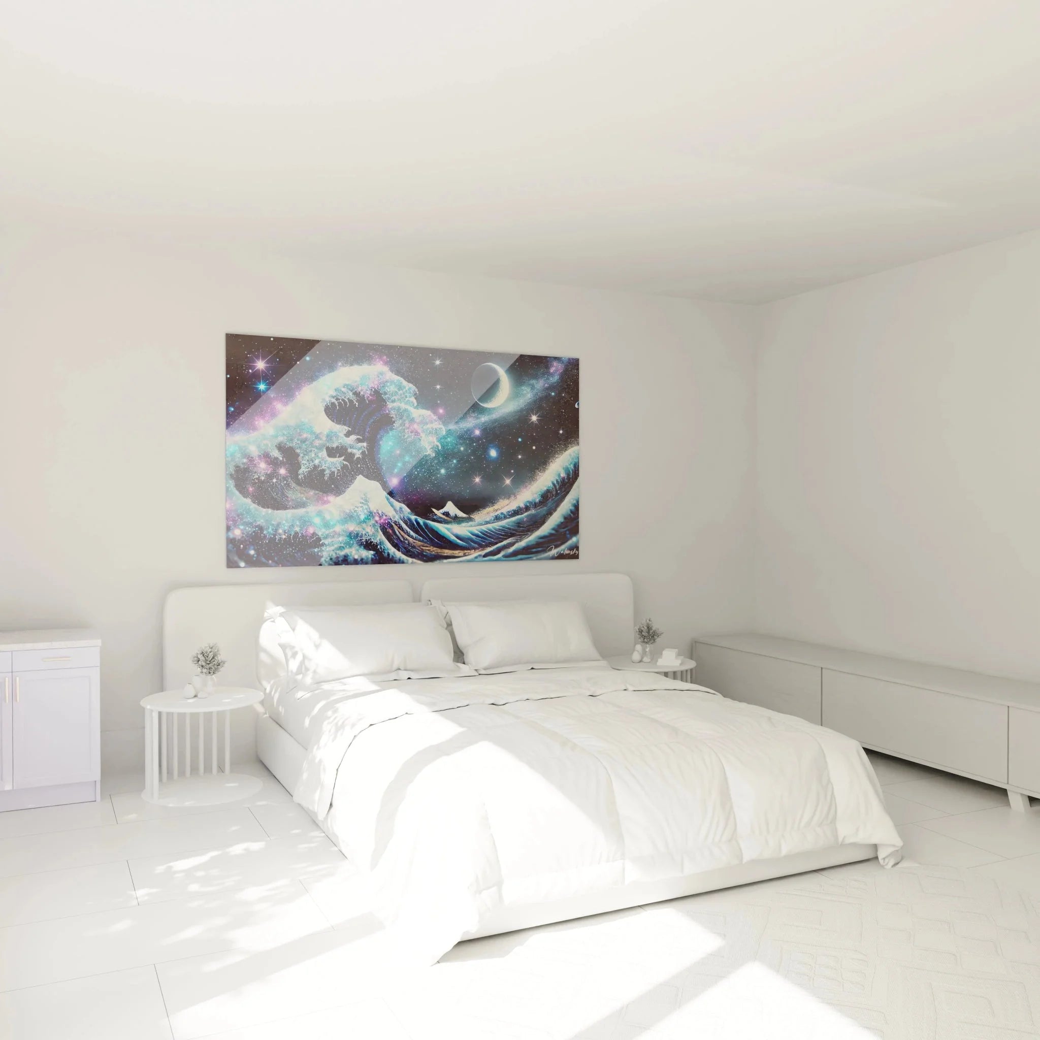 Hokusai Weltraum Wandbild in modernem Schlafzimmer mit kosmischer Atmosphäre