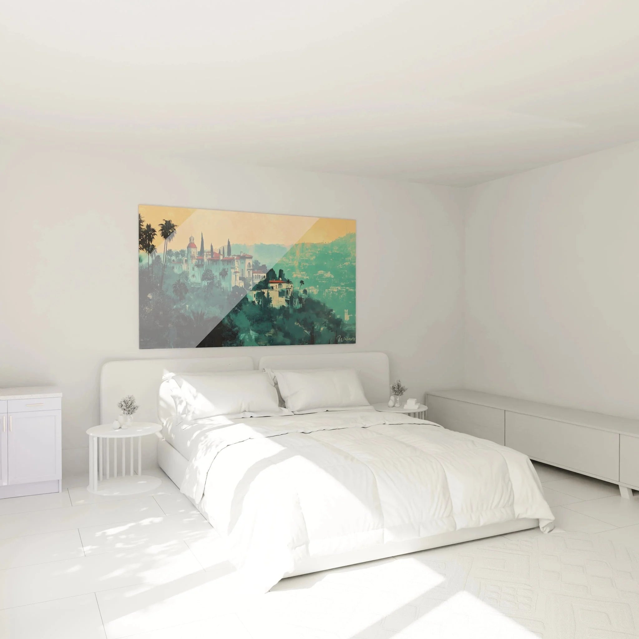 Hollywood Hills Wandbild XXL im Schlafzimmer - Kalifornische Landschaft mit Sonnenuntergang Stimmung