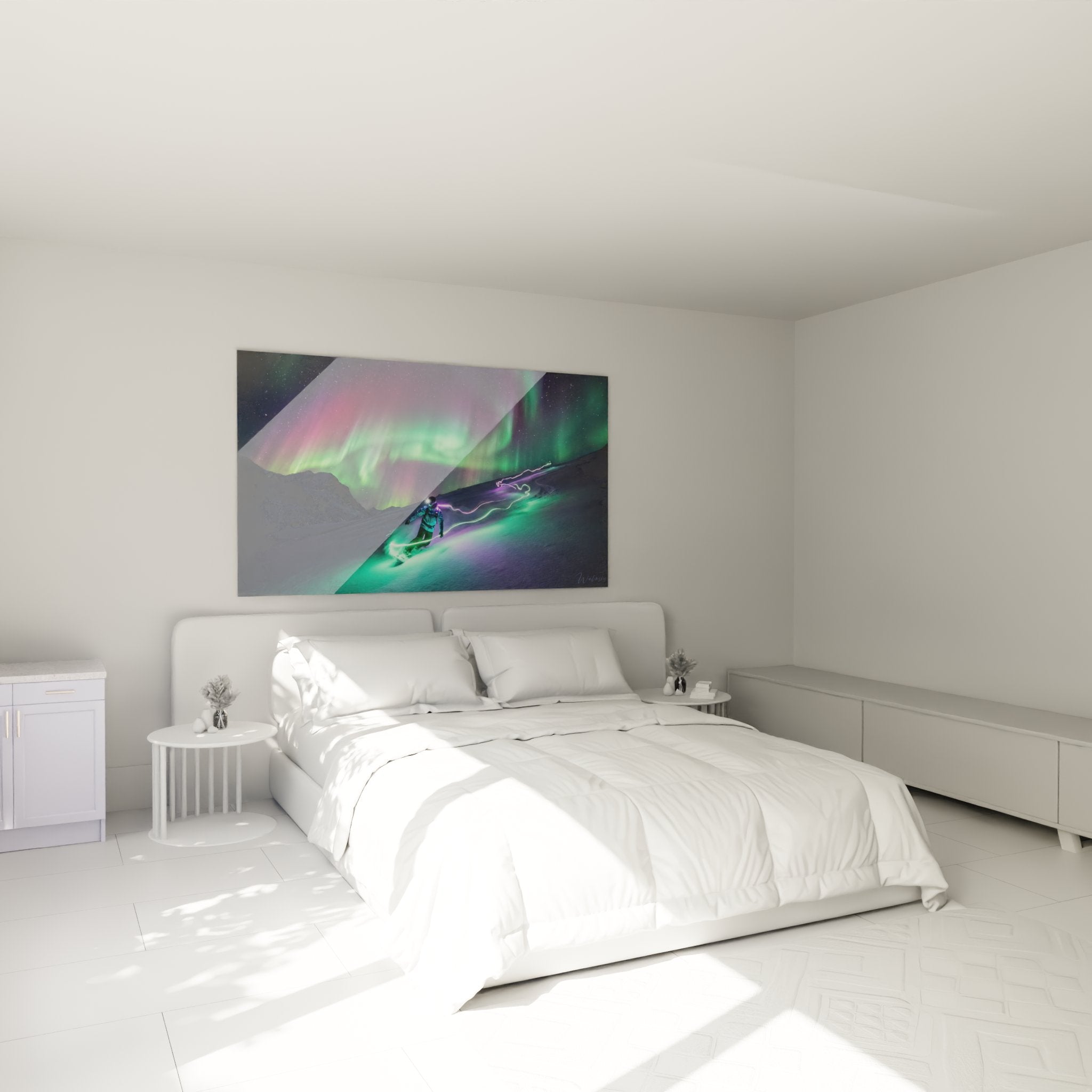 Wandbild Snowboarder Nordlicht im modernen Schlafzimmer als stilvolle Wanddekoration