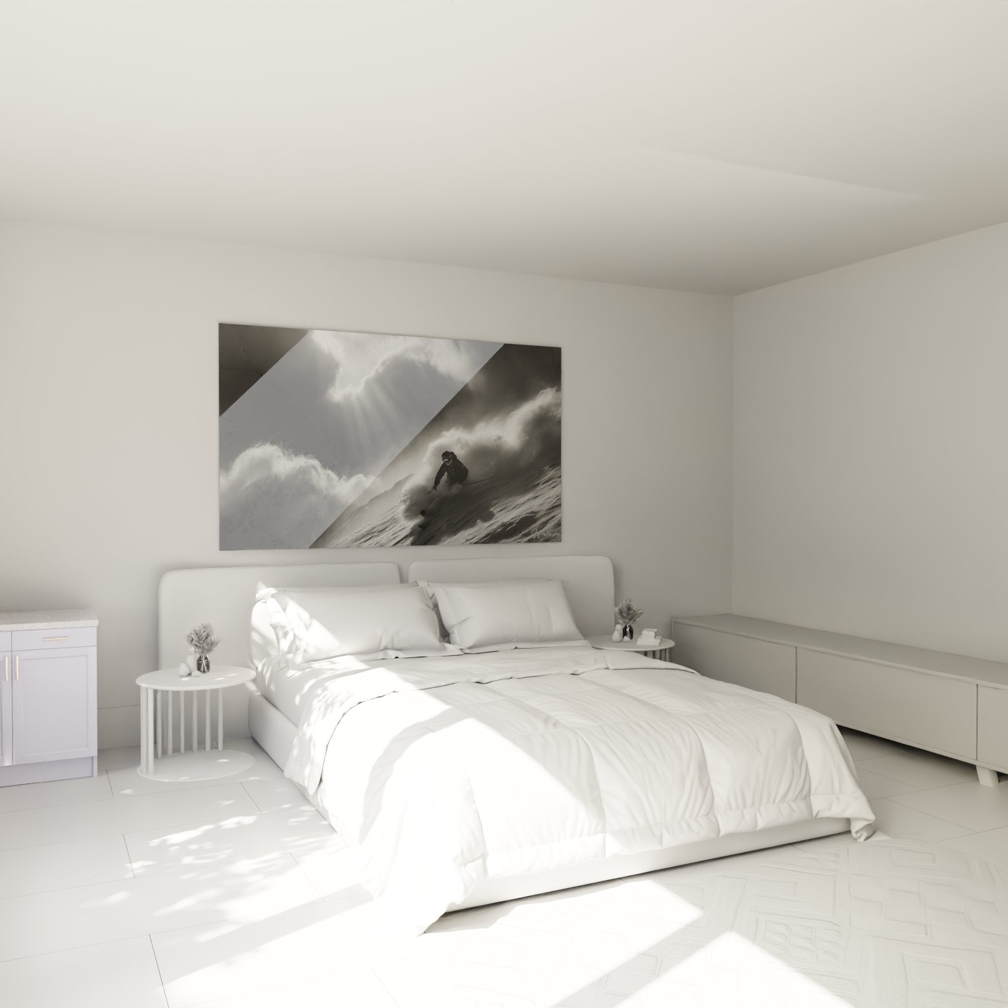 Skifahrer Wandbild in elegantem Schlafzimmer-Ambiente mit moderner Einrichtung und warmem Licht