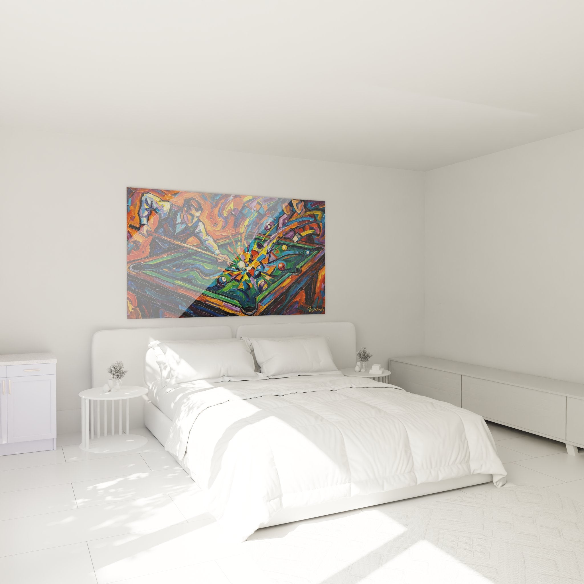 Billardtisch Kunstdruck im Schlafzimmer - moderne Wanddekoration mit dynamischen Farben