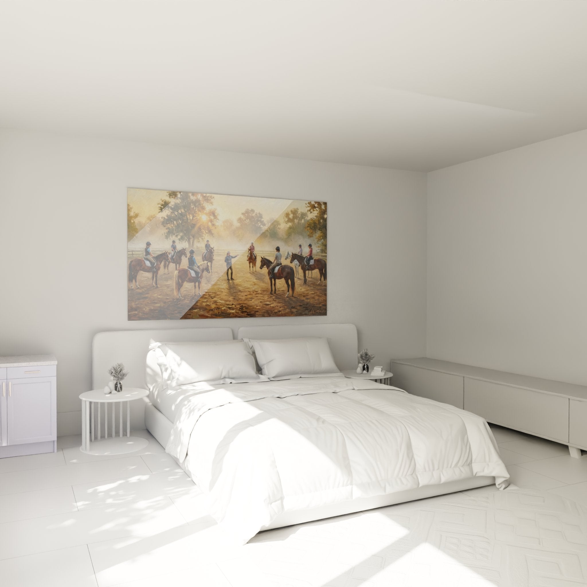 Elegantes Reitbild im Schlafzimmer schafft beruhigende Atmosphäre mit Pferdemotiv