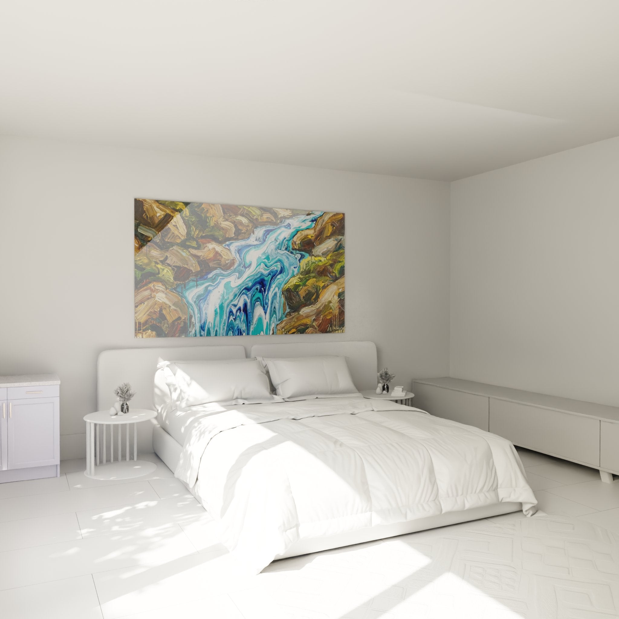 Alpines Wandbild Gebirgsbach im Schlafzimmer-Ambiente mit natürlicher Berglandschaft-Dekoration