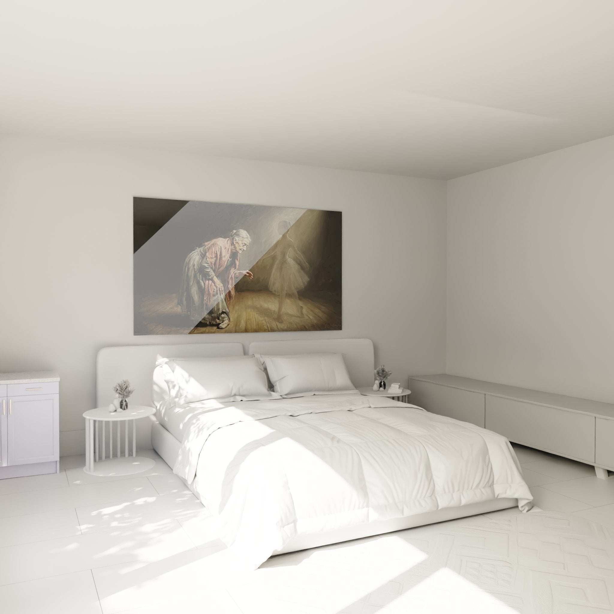 Emotionales Ballerina Wandbild im Schlafzimmer, warme Atmosphäre mit Tanz-Nostalgie