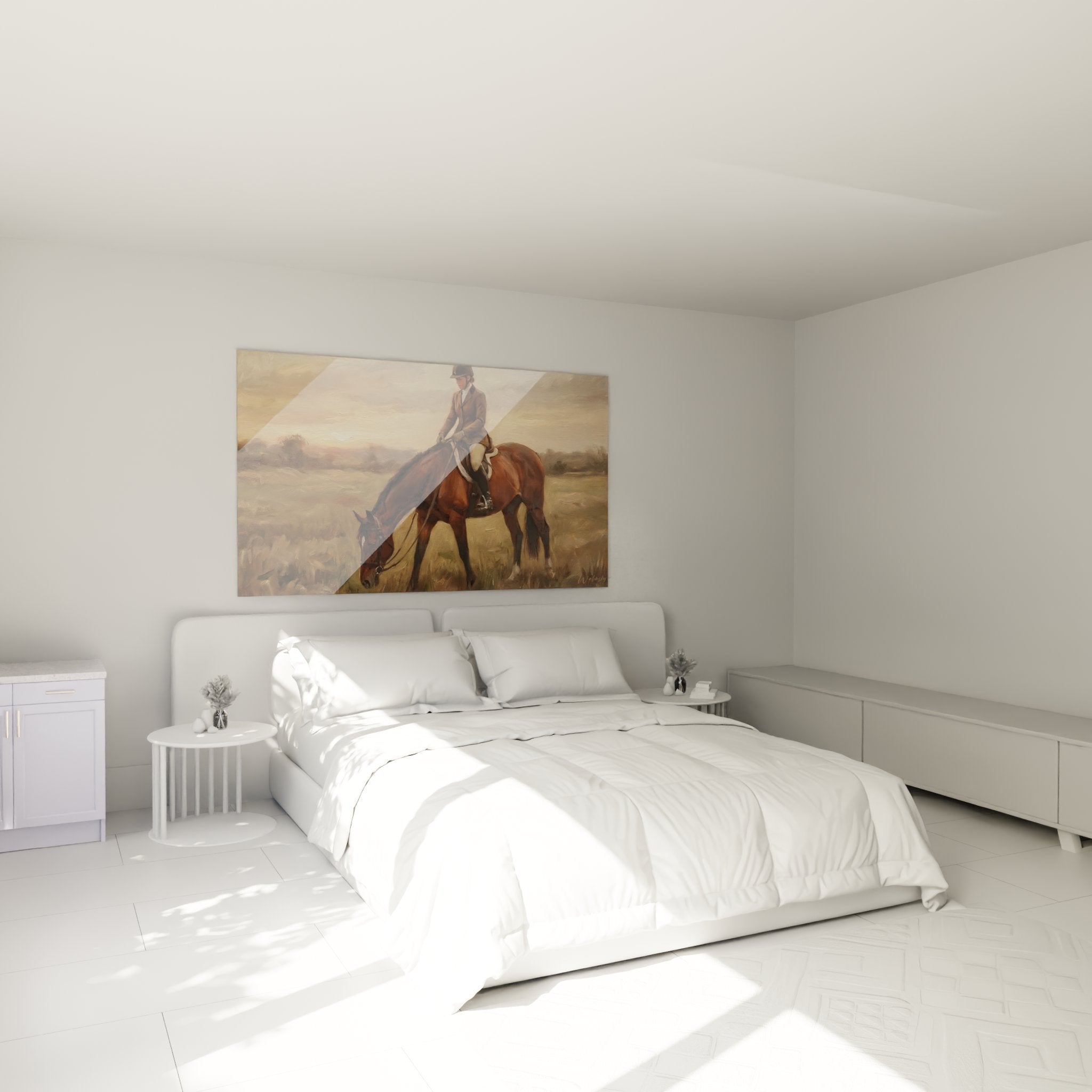Reiterin Wandbild im Schlafzimmer - elegante Wanddekoration mit Pferd und Sonnenuntergang