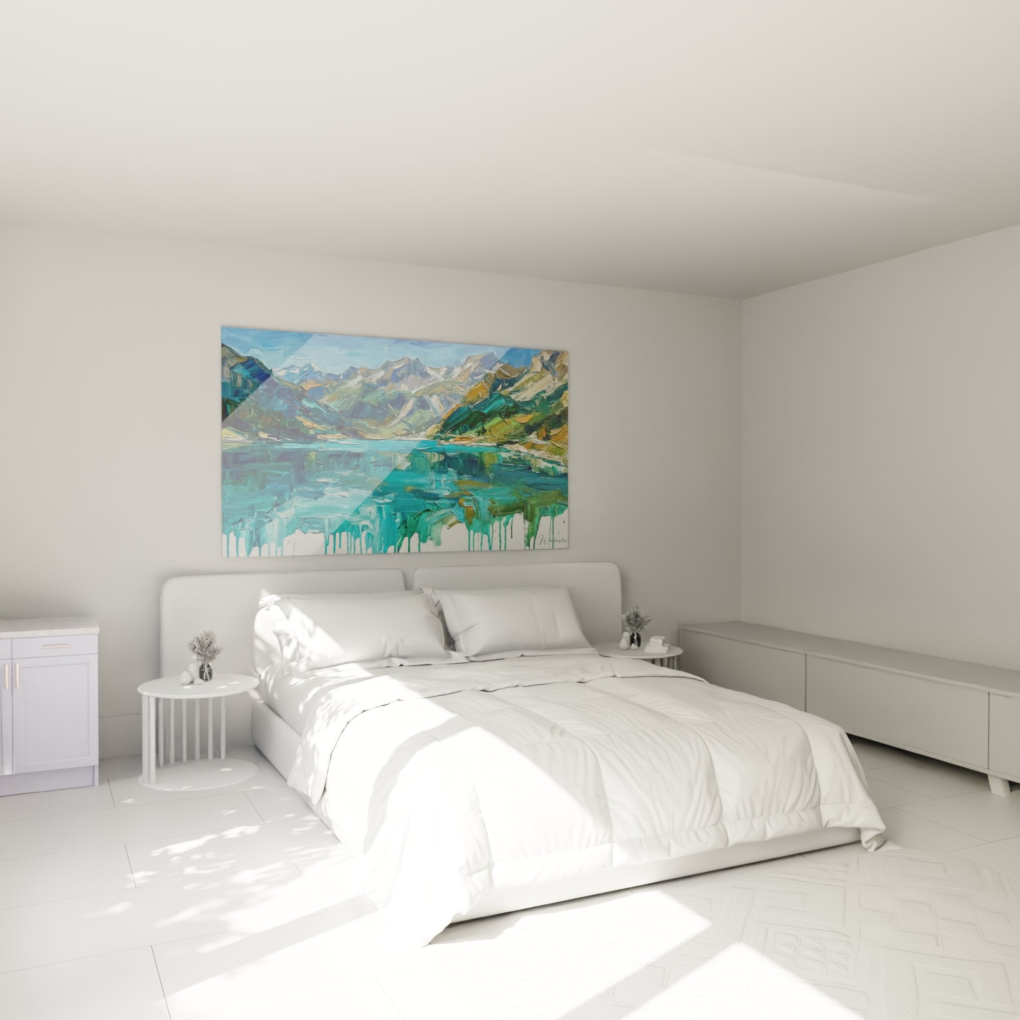 Savoyische Berglandschaft Wandbild im Schlafzimmer, Alpensee Kunstdruck über dem Bett