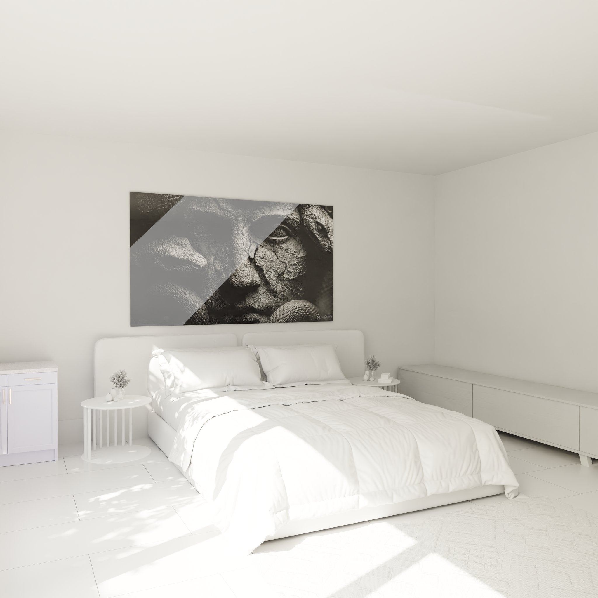 Antike Statue mit mystischem Auge als elegantes Wandbild im modernen Schlafzimmer, Schwarz-Weiß-Ästhetik